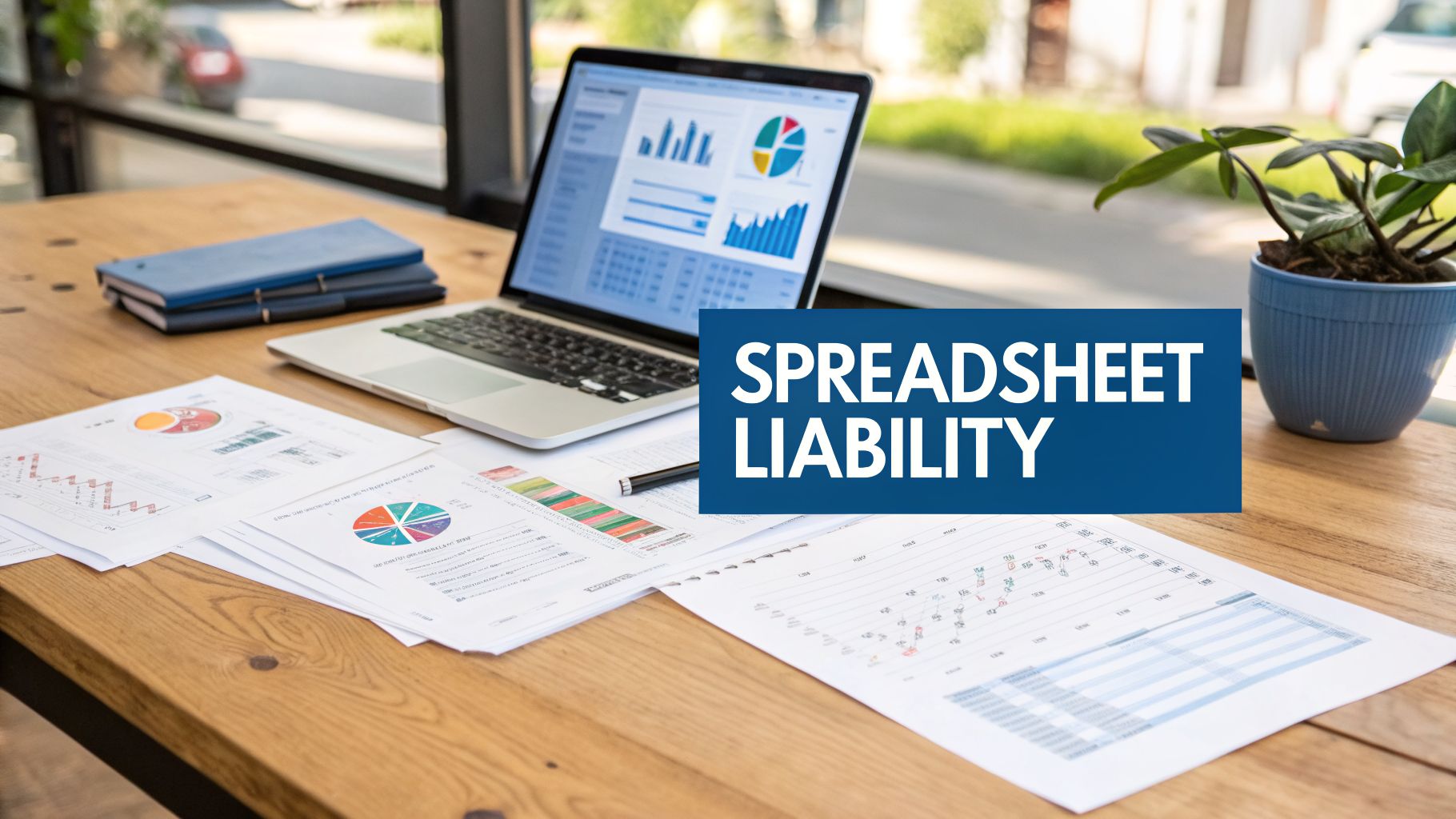A wooden desk with a laptop displaying charts and graphs, papers, notebooks, and a sign saying 'SPREADSHEET LIABILITY'.