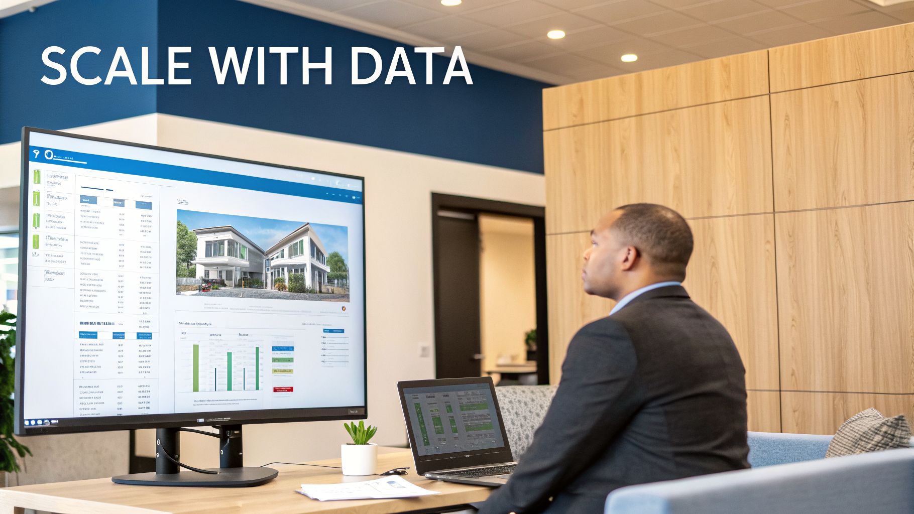 A man analyzing real estate data on a large monitor and laptop in a modern office.