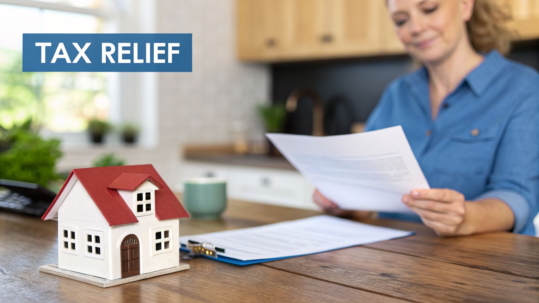 A woman reviews documents with a model house on a table and a 'TAX RELIEF' banner.