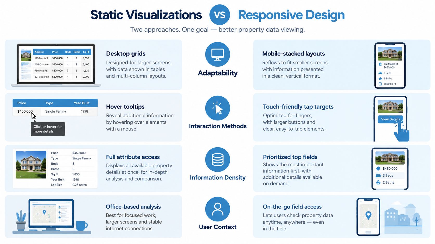 A comparison infographic between static data visualizations and responsive design for viewing property information on different devices.