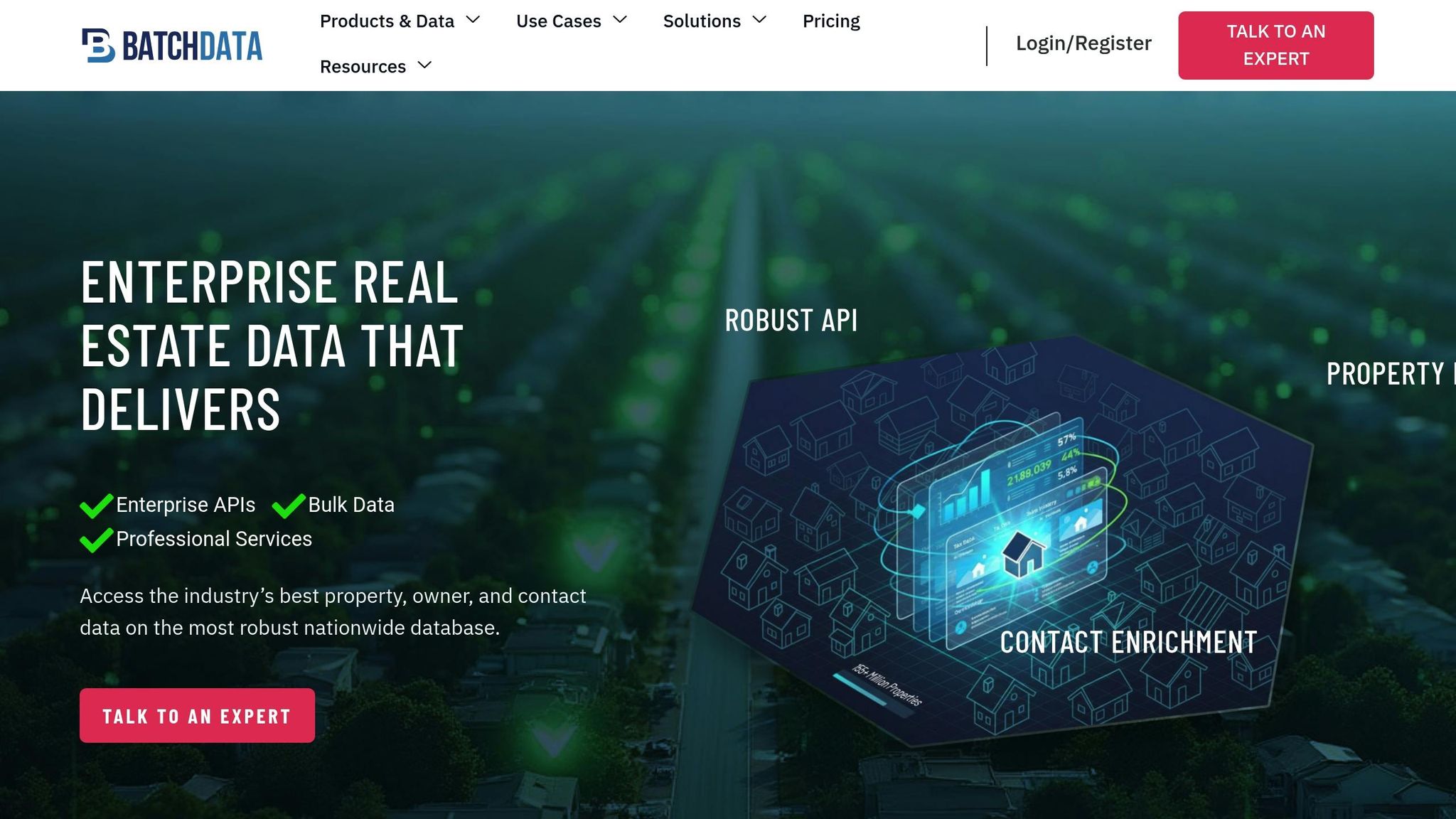 BatchData logo and promotional content highlighting enterprise real estate data services, including APIs for property data, contact enrichment, and bulk data solutions, set against a background of a cityscape with green indicators.