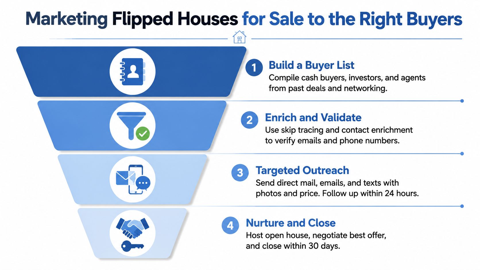 A marketing funnel infographic illustrating four steps to sell flipped houses to the right buyers.