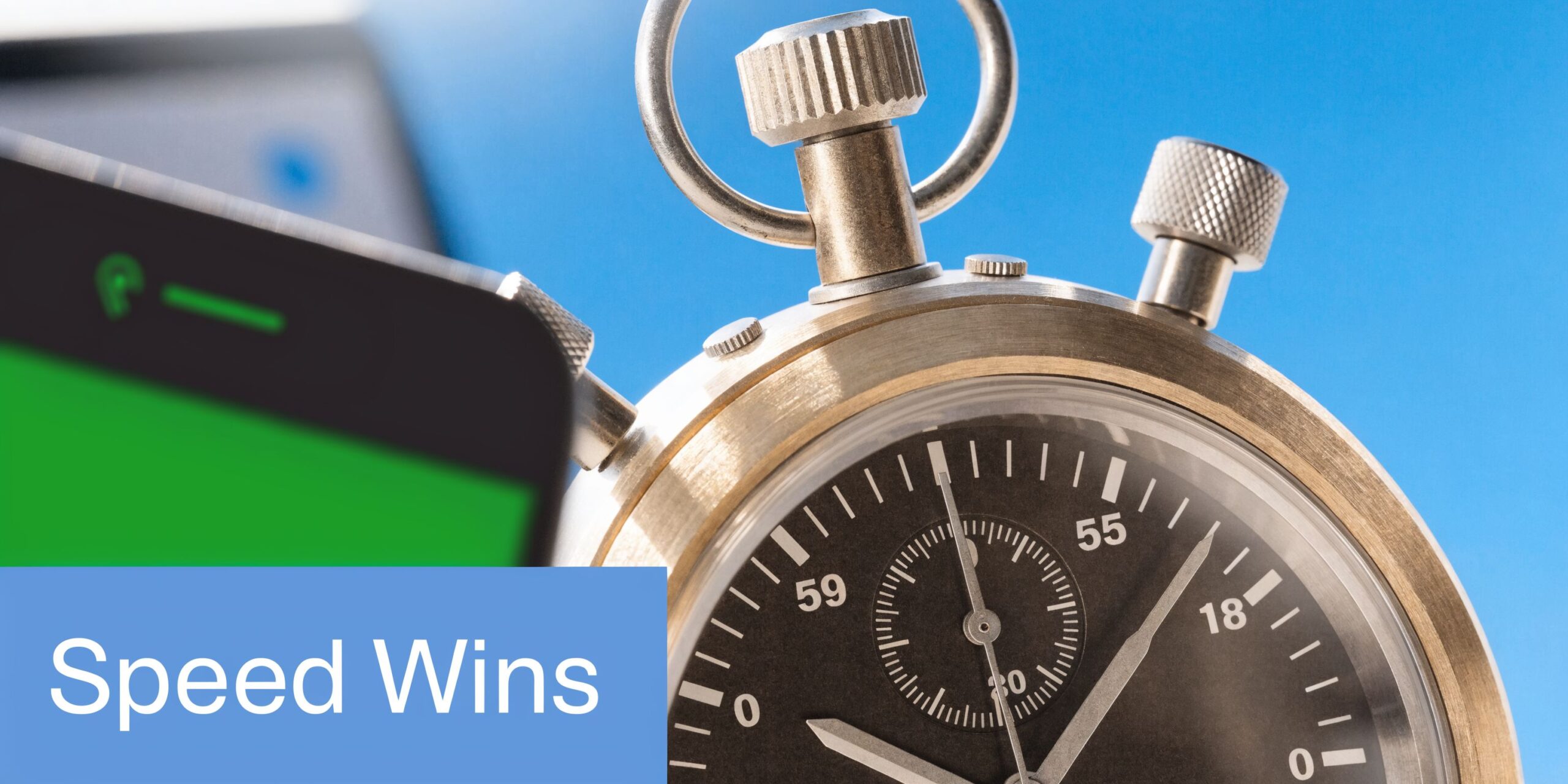 A close-up of an analog stopwatch next to a smartphone screen against a vibrant blue background.