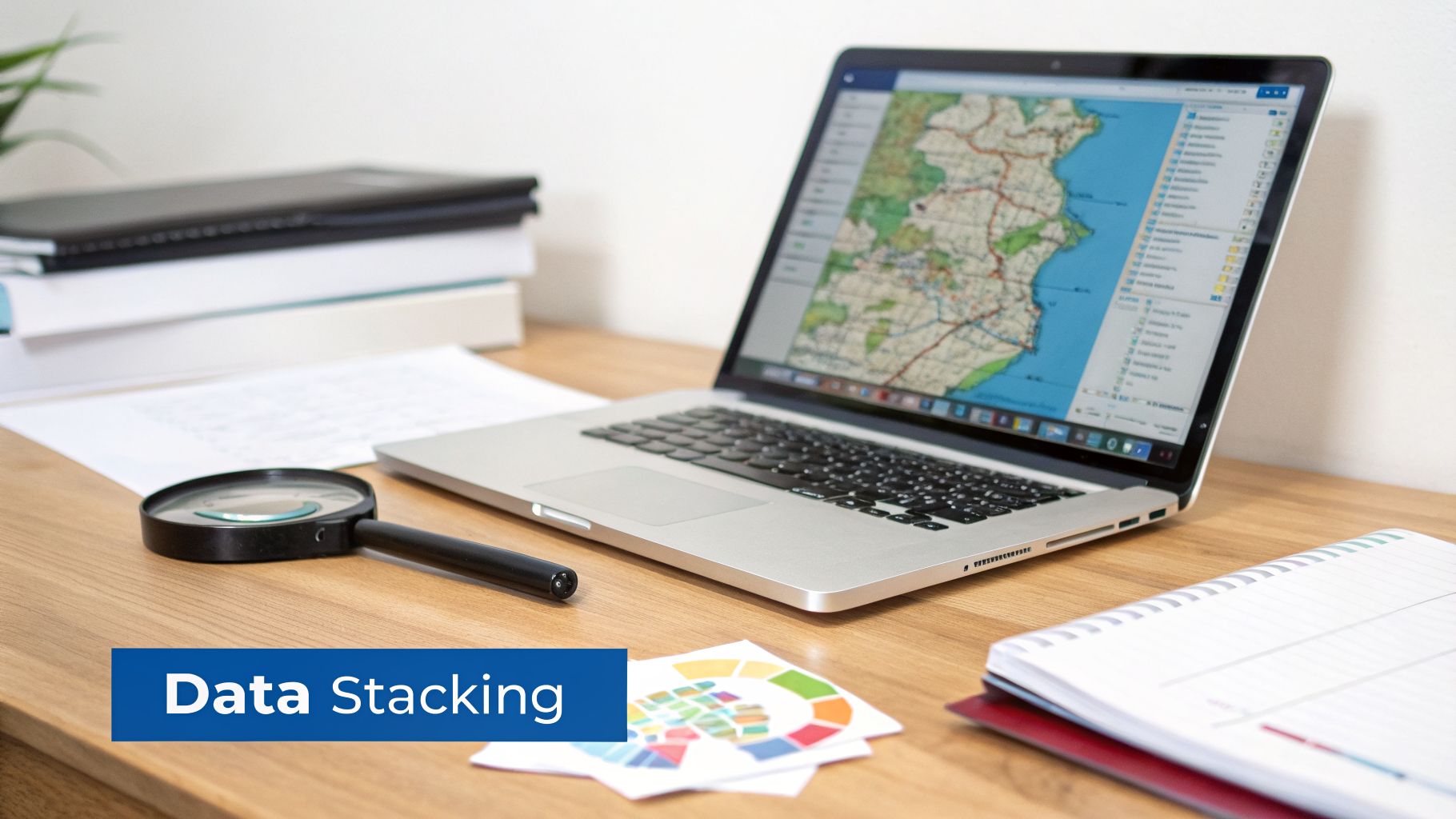 A well-organized workspace with a laptop displaying a map, a magnifying glass, books, and charts.