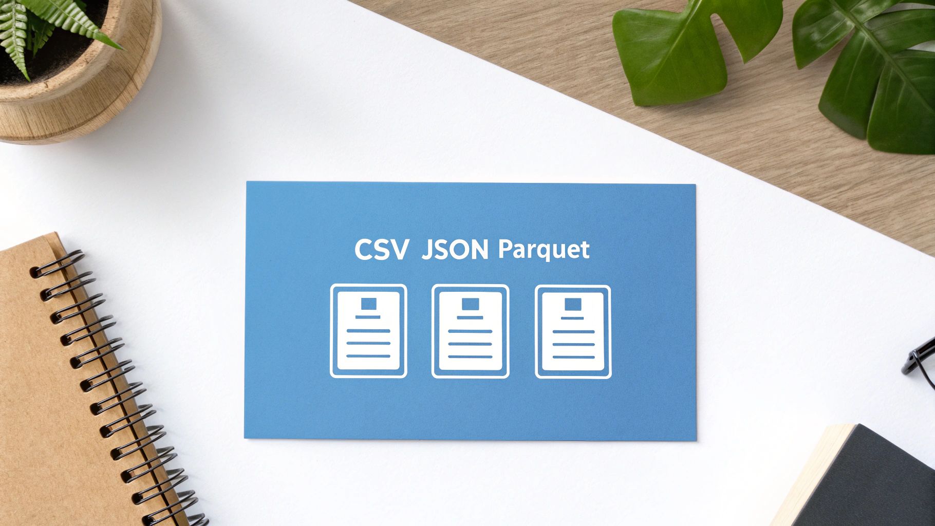 A blue card displaying 'CSV JSON Parquet' with three document icons on a white desk.
