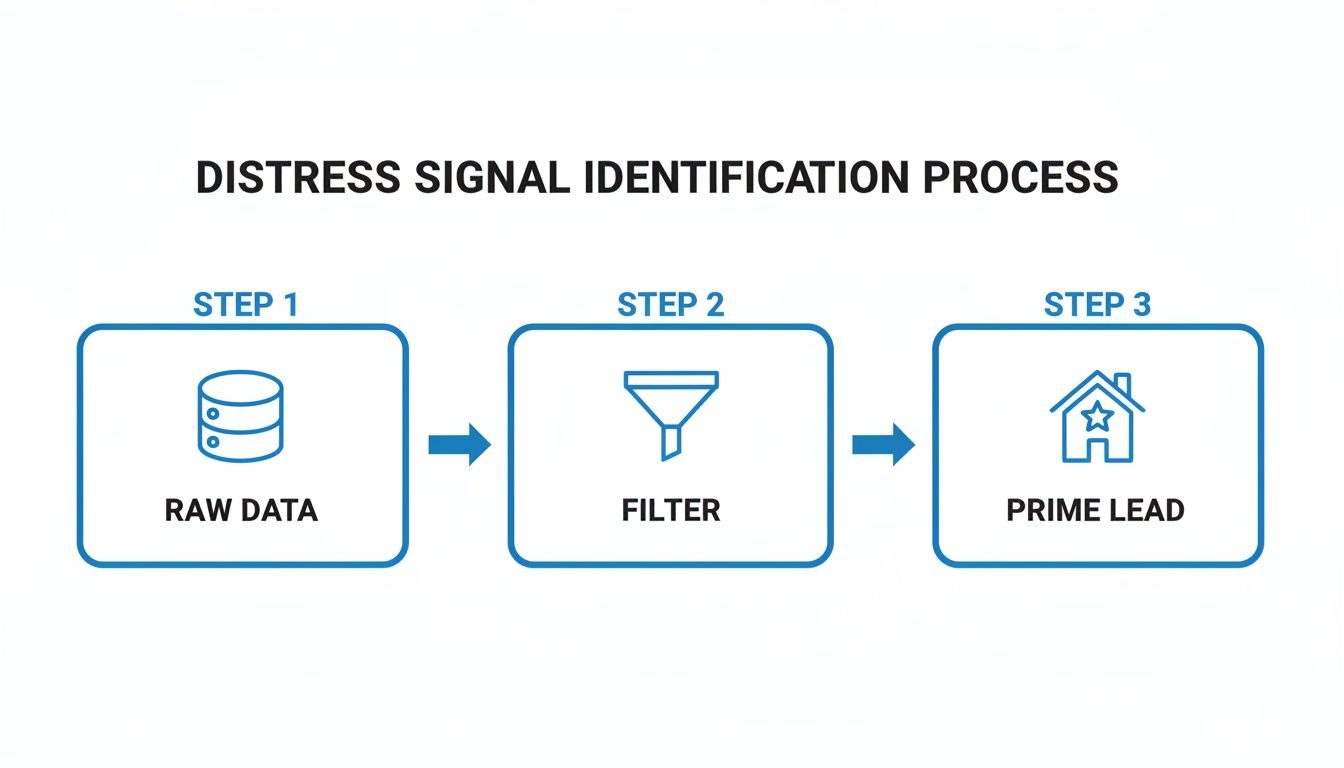 A three-step process for identifying distress signals, from raw data to a filtered prime lead.