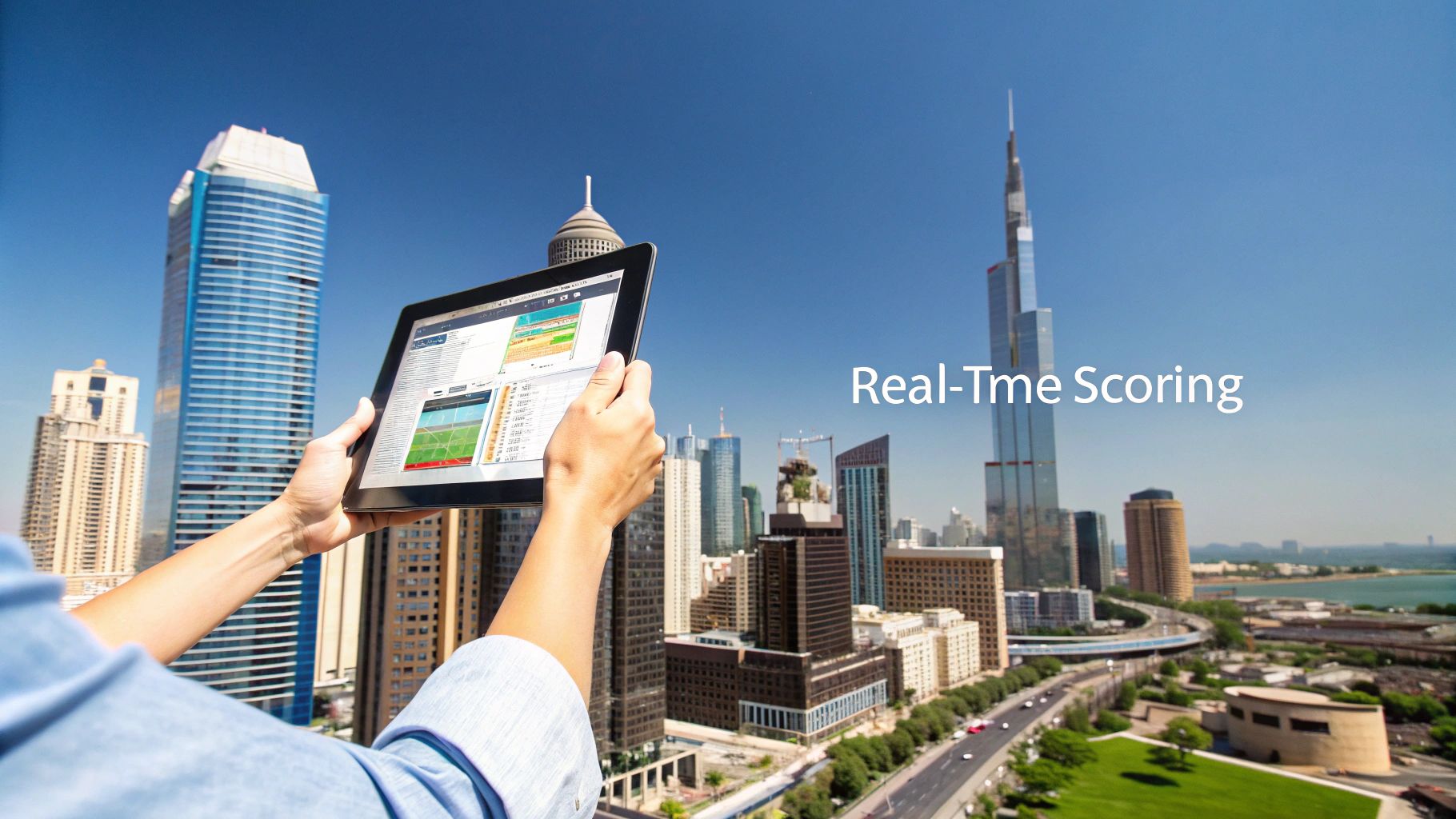A person holds a tablet displaying real-time scoring data, set against a modern Dubai city skyline.
