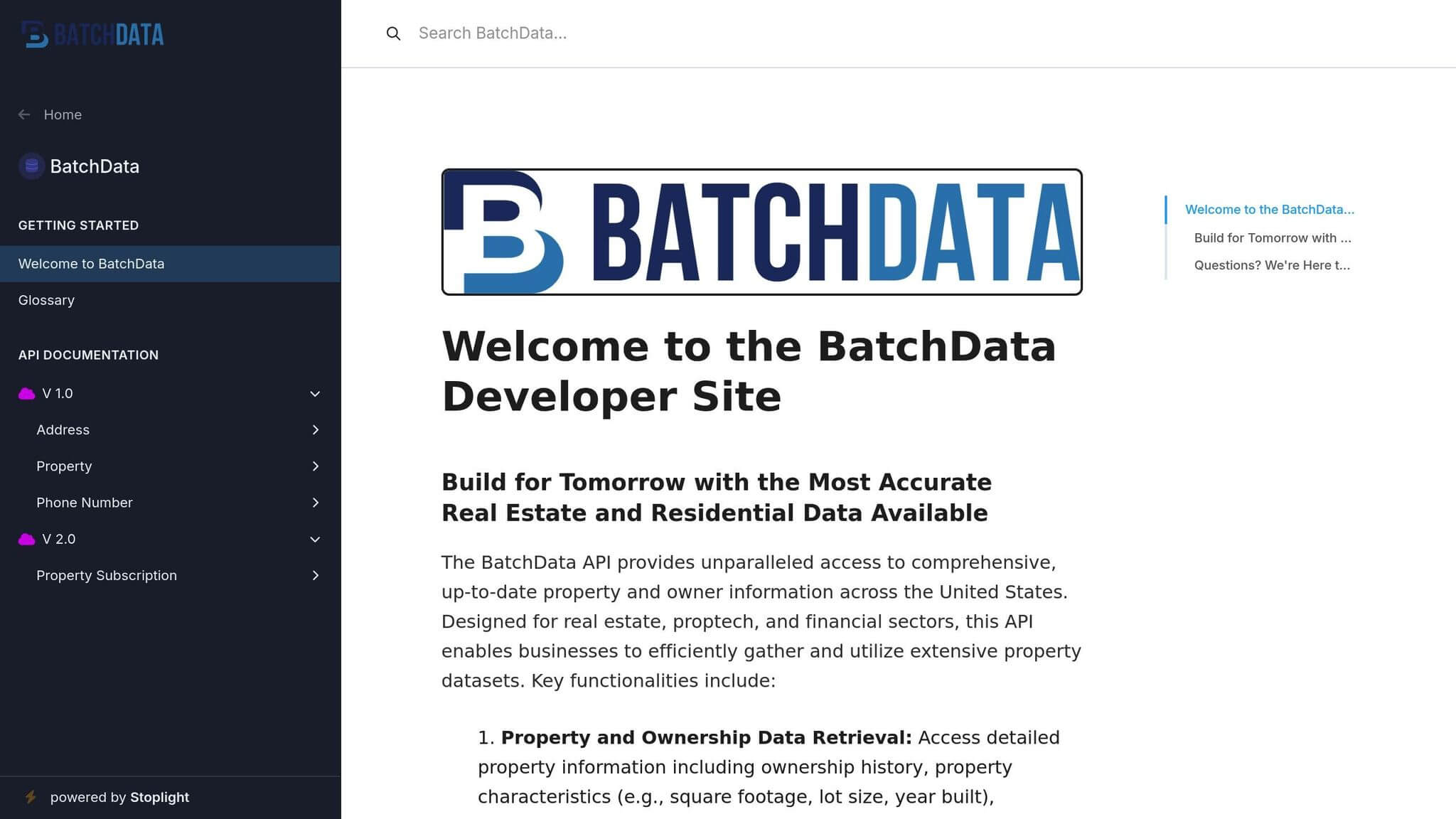 Property search API documentation and code snippet.