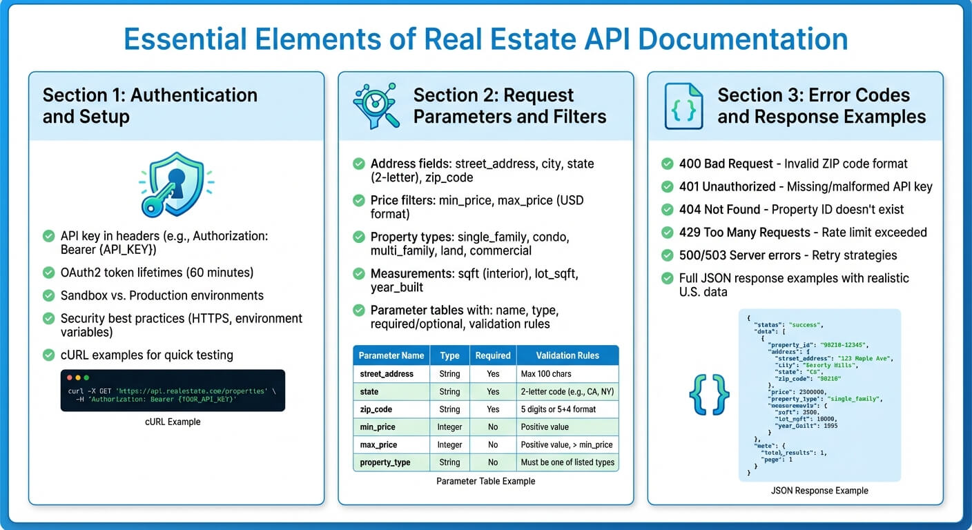 Developer guide for real estate API integration showing endpoint descriptions for property search, skip tracing, and LLC owner piercing.