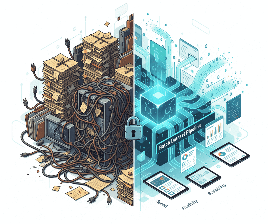 Comparing legacy real estate data systems vs. BatchData innovation in 2025: illustrating the shift from manual silos to automated, AI-ready data pipelines.