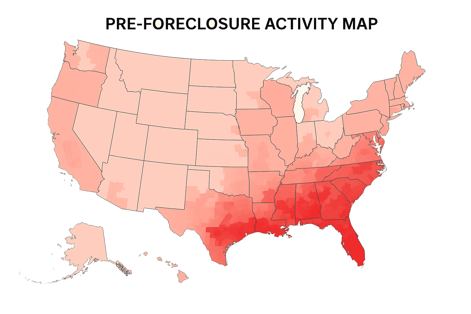 Geospatial analysis of pre-foreclosure trends: a color-coded map illustrating distressed property clusters and neighborhood-level default rates.