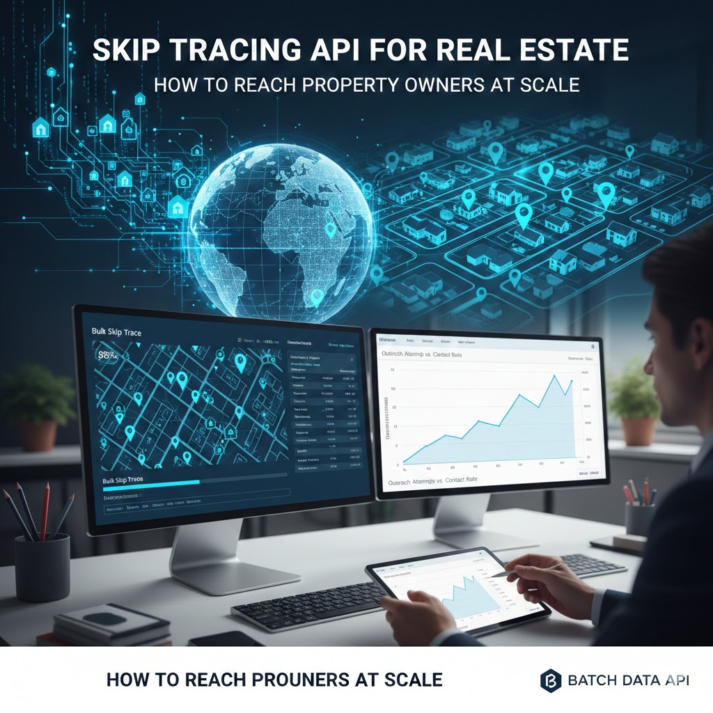 Skip tracing API interface displaying property data analytics, global map with location markers, and charts illustrating outreach metrics; relevant to BatchData's services for real estate professionals seeking efficient contact information for property owners.