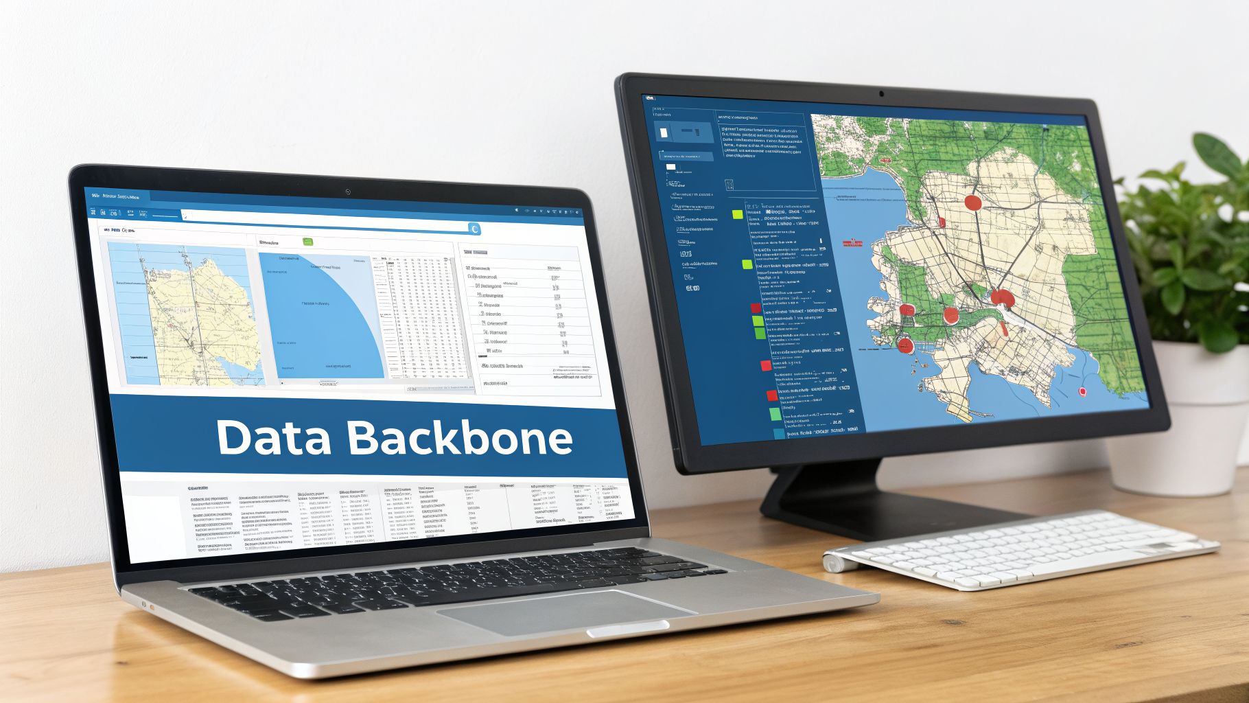 Laptop and monitor displaying data dashboards with maps, tables, and 'Data Backbone' on the laptop screen.