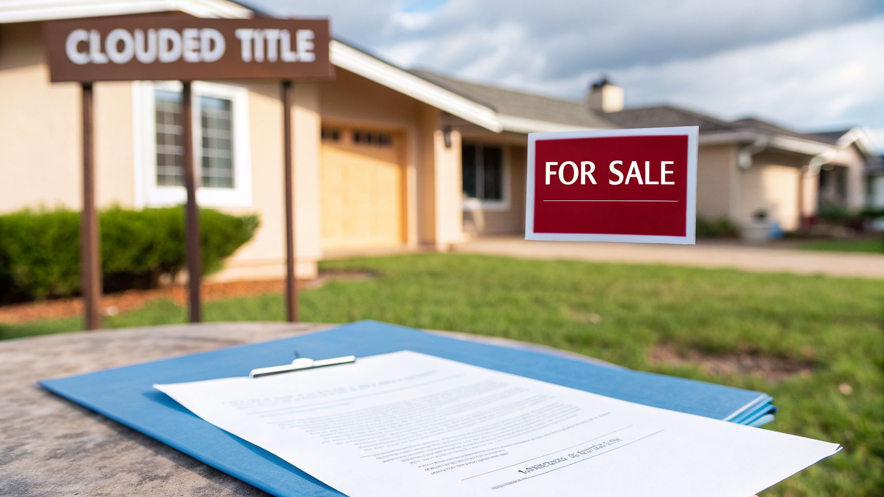 A 'FOR SALE' house with a 'CLOUDED TITLE' sign and legal documents, indicating property issues.