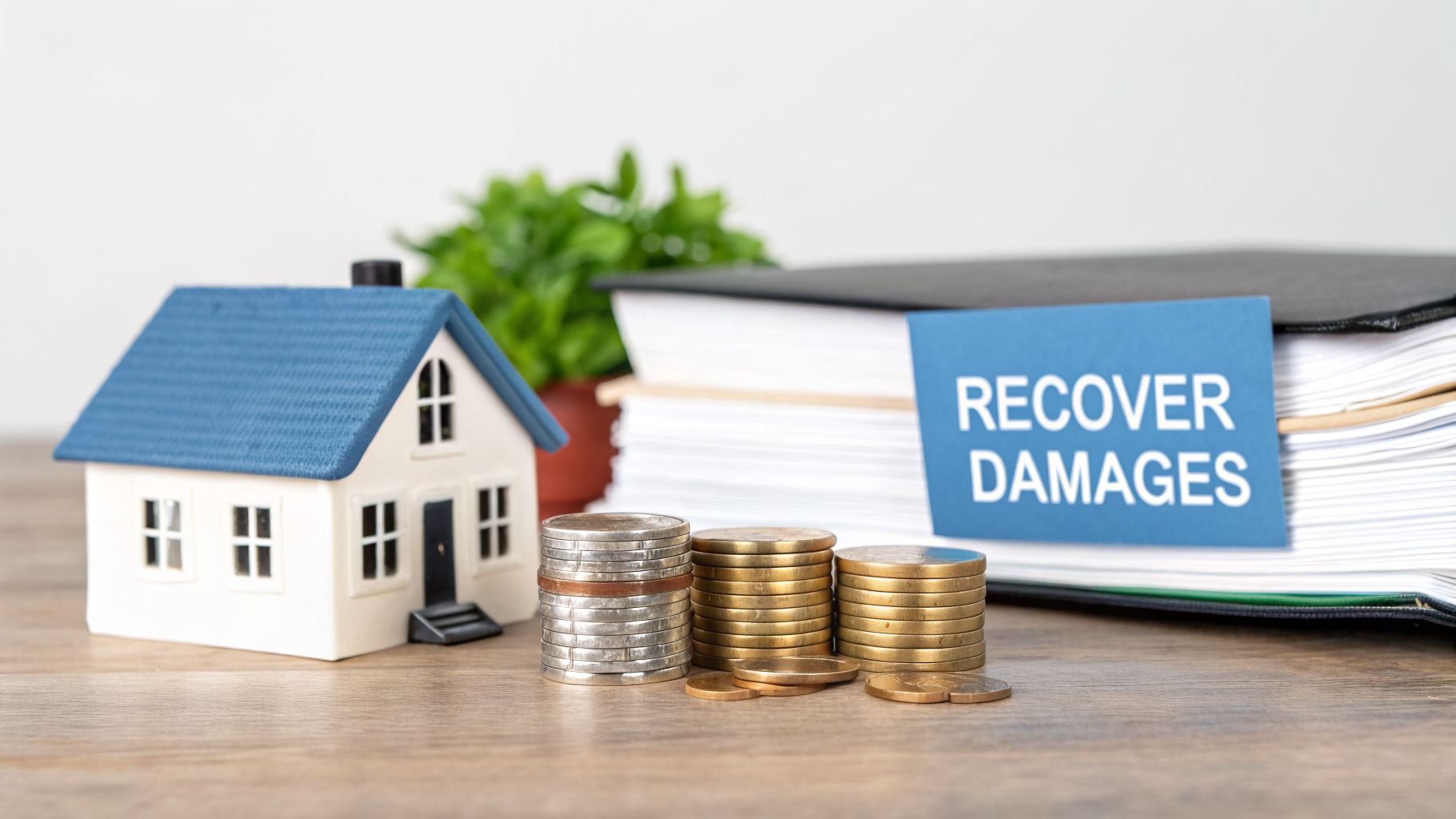 A model house, stacks of coins, and a binder labeled 'RECOVER DAMAGES' symbolize financial and legal recovery.