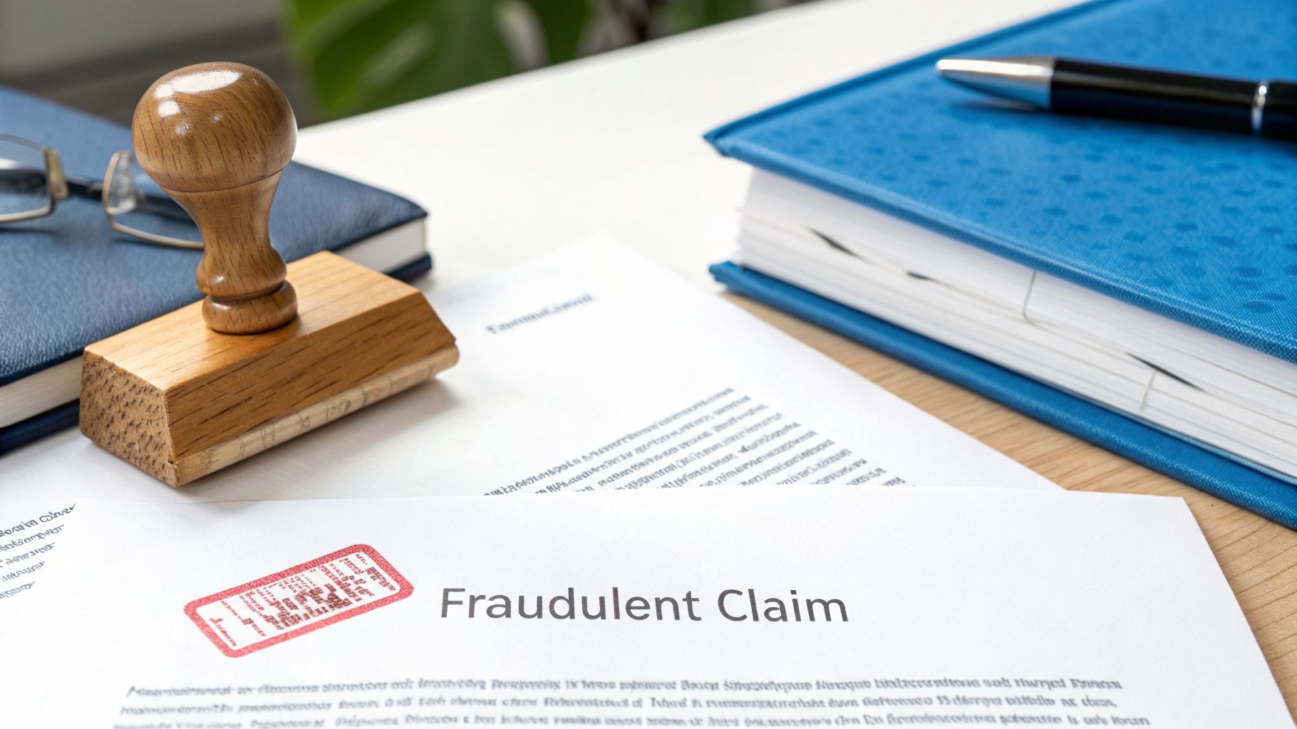 A document titled "Fraudulent Claim" next to a wooden stamp, glasses, and a blue binder.