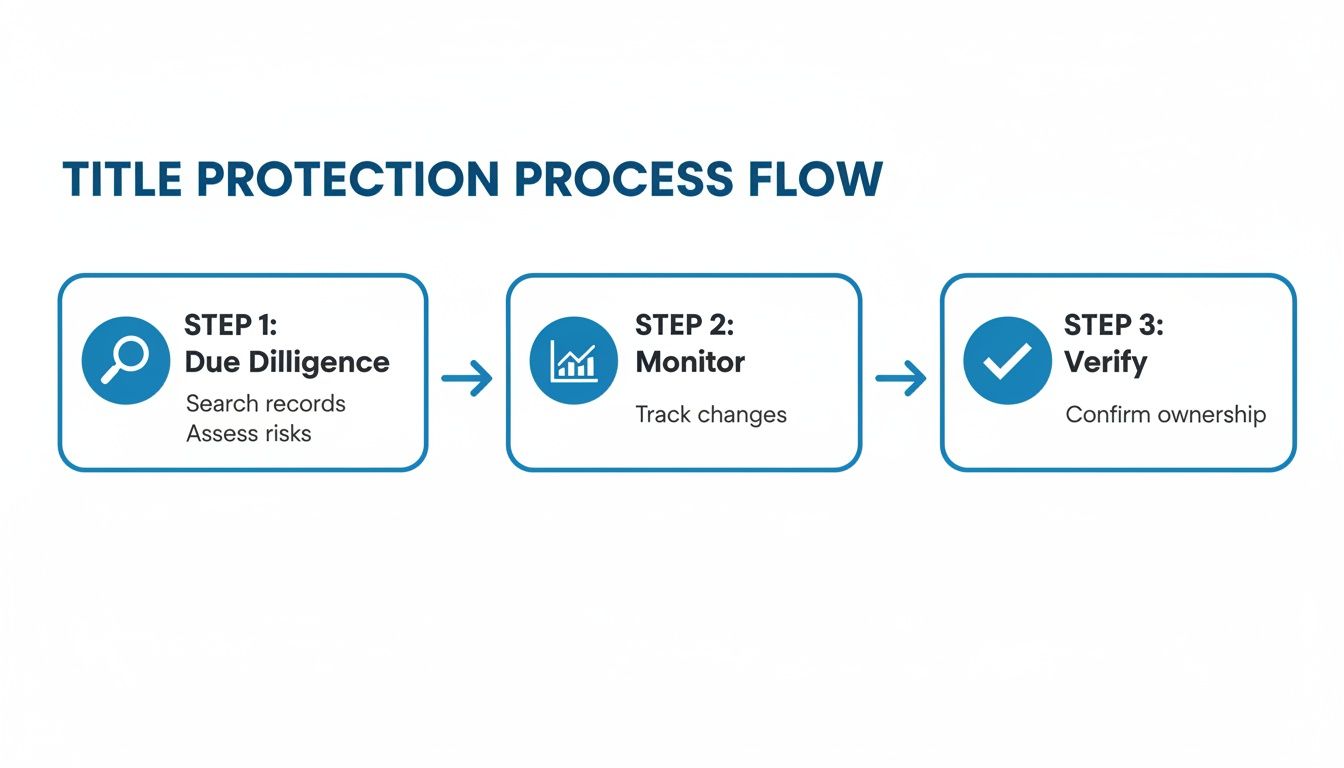 A three-step process flow diagram illustrating title protection: Due Diligence, Monitor, and Verify.