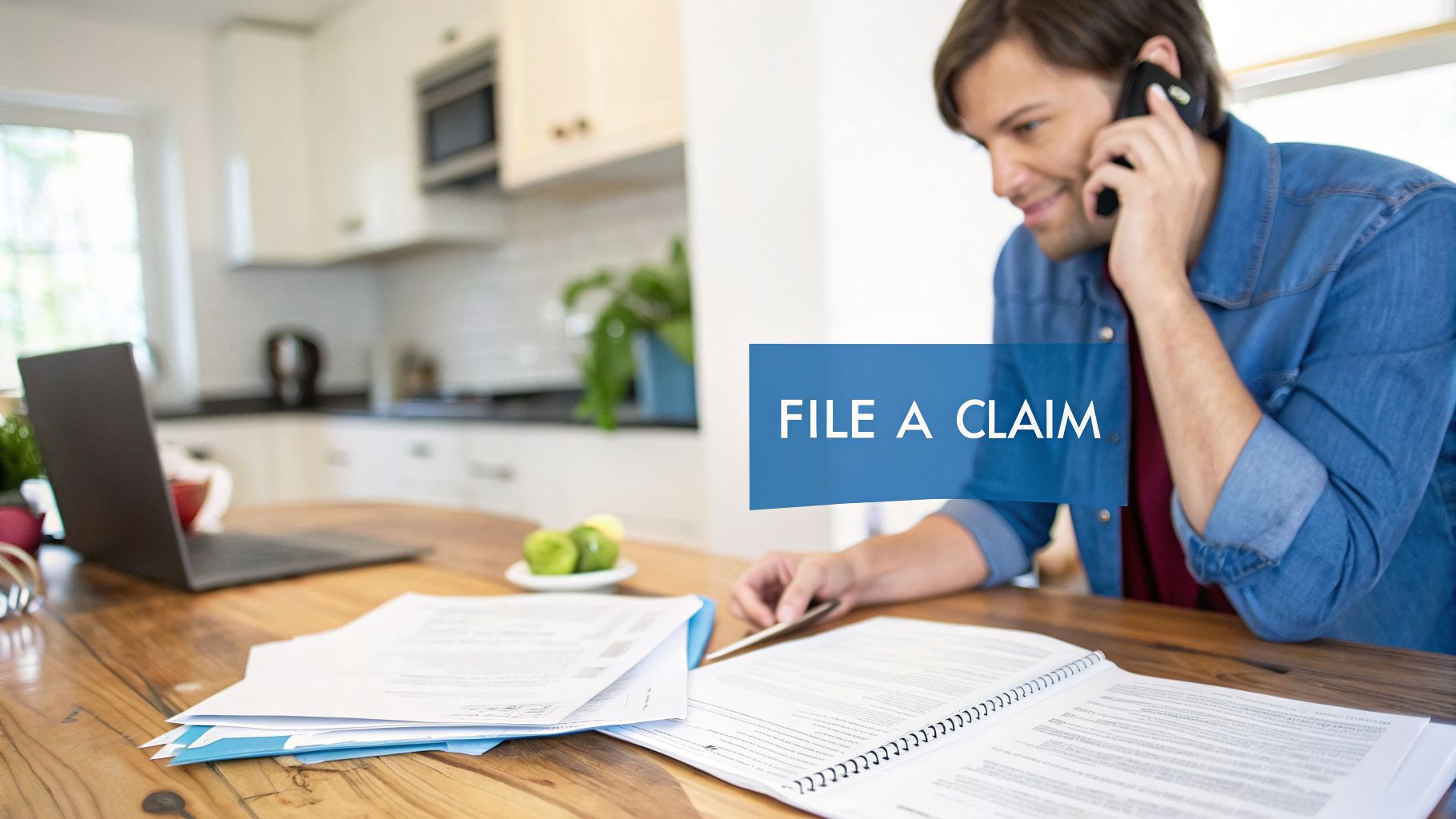 A man talks on the phone looking at documents on a kitchen table with a laptop, 'FILE A CLAIM' text.