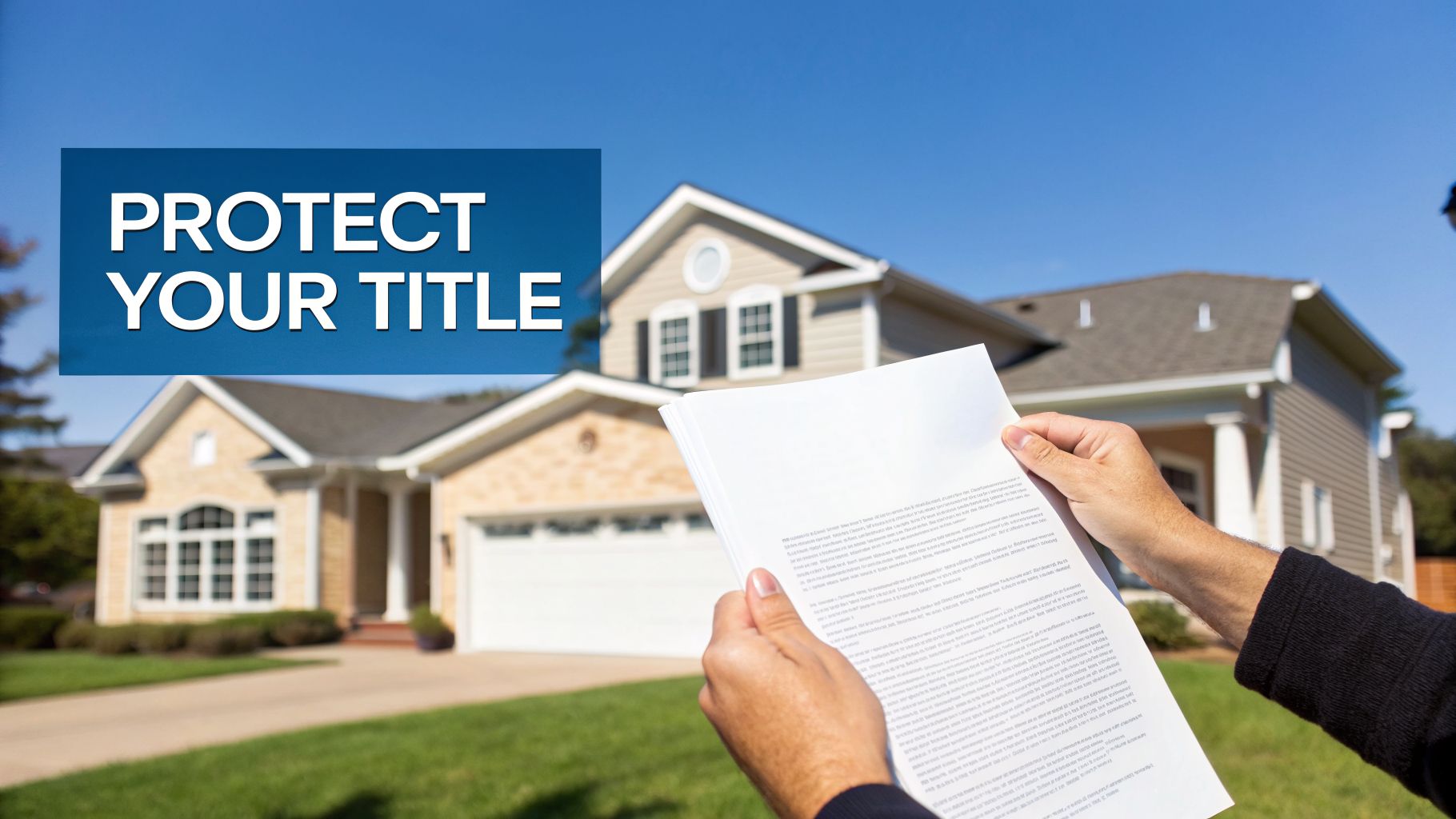 Hands holding a document in front of a modern house under a blue sky, with text 'PROTECT YOUR TITLE'.