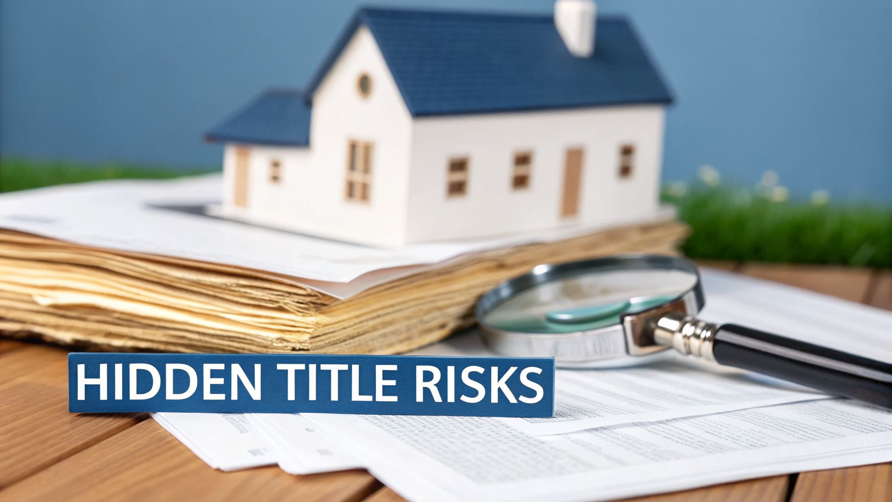 A miniature house, documents, magnifying glass, and a sign stating 'Hidden Title Risks' on a wooden table.