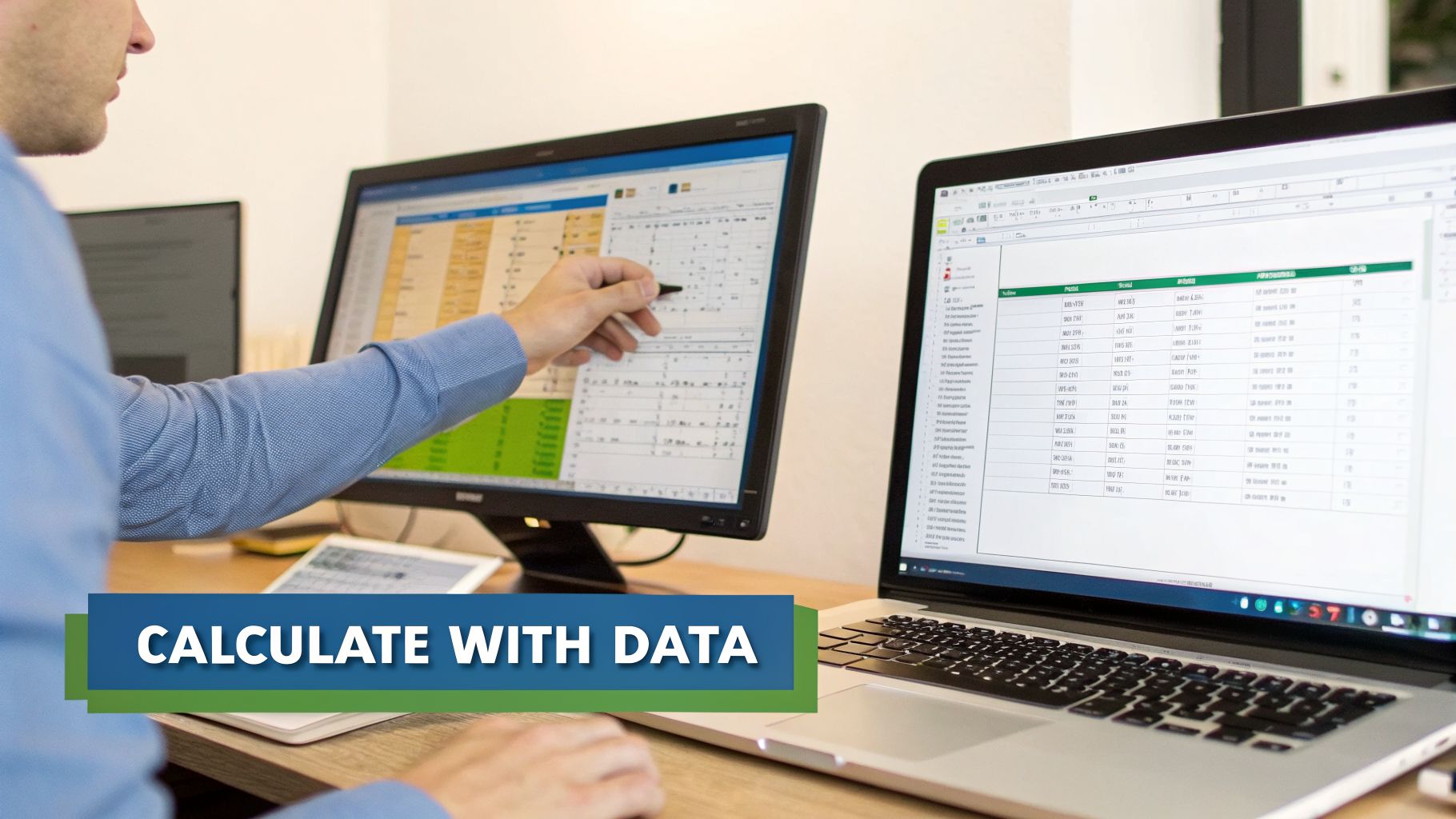 A professional works with spreadsheets on two monitors, pointing at data for calculation.