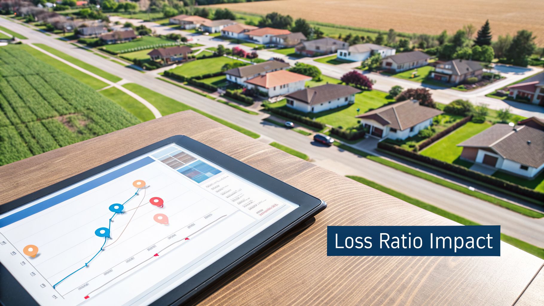 A tablet shows a line graph representing loss ratio impact, set against a blurred suburban neighborhood.