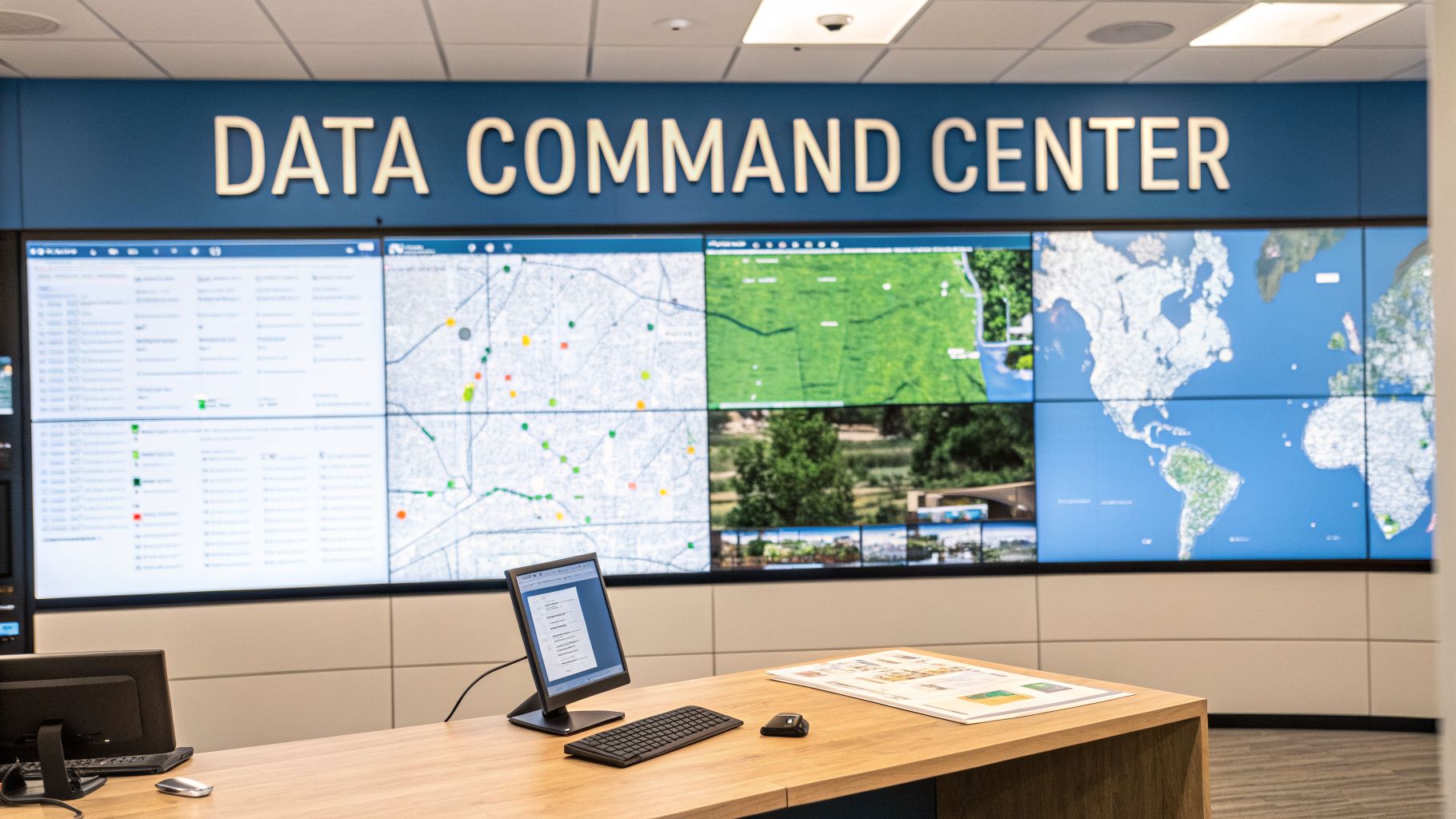 A modern data command center with a large multi-screen video wall displaying maps and information, and a desk with computers.