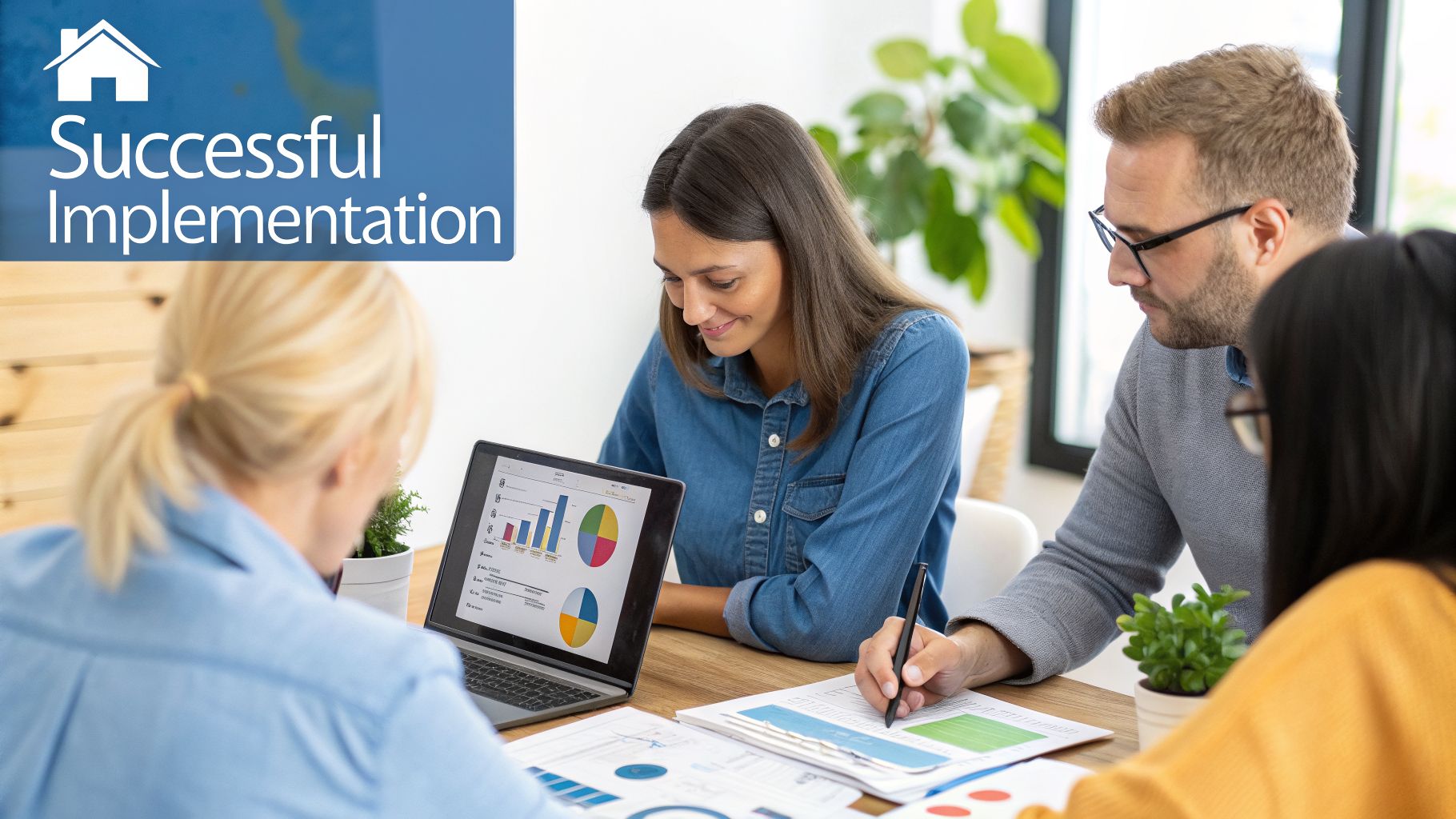 Diverse team analyzing real estate data on a laptop and papers in a modern office.