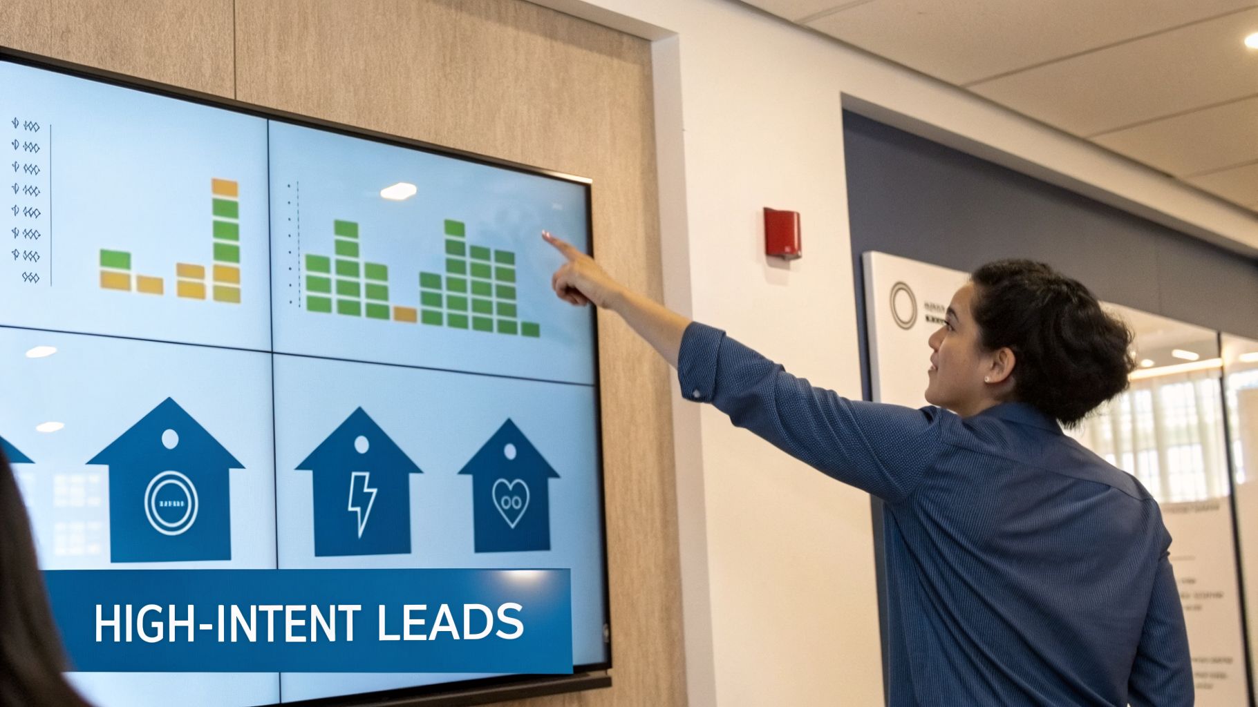 A person points at a multi-screen display showing real estate lead generation data and high-intent leads.