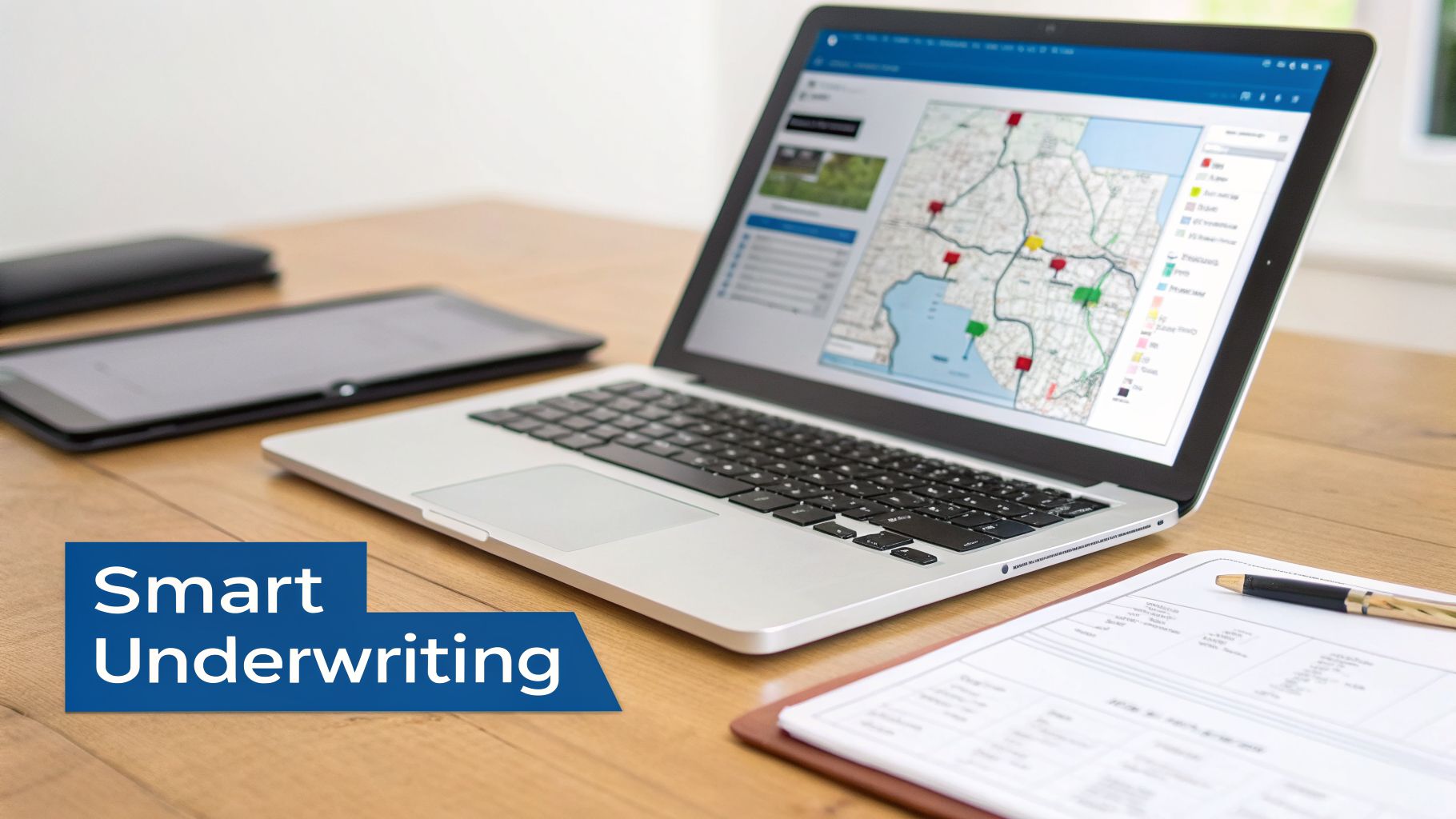 A laptop on a wooden desk displays a smart underwriting map with a tablet and document nearby.