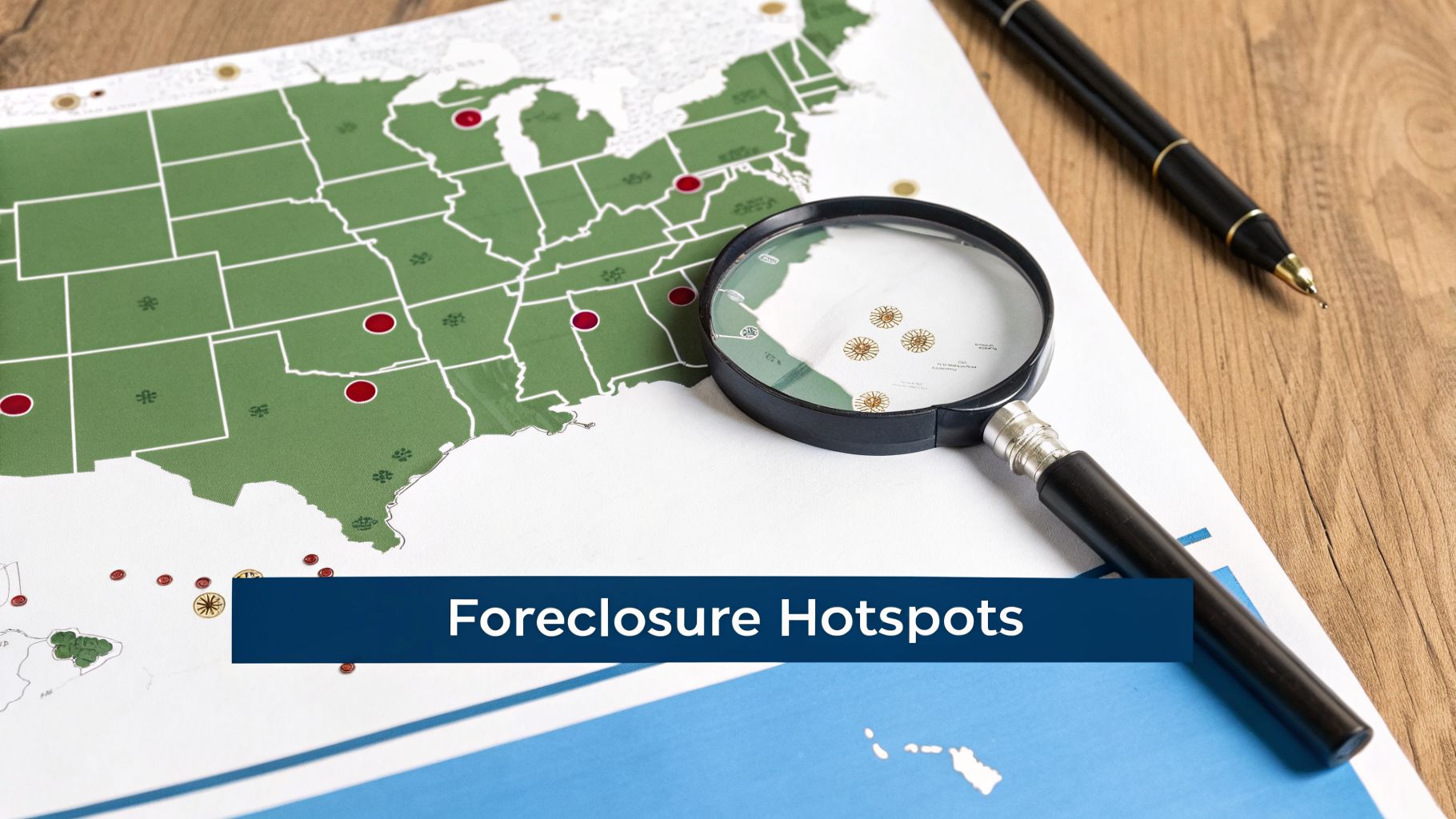 Map of US with red pins marking foreclosure hotspots, magnified to show detailed problem areas.