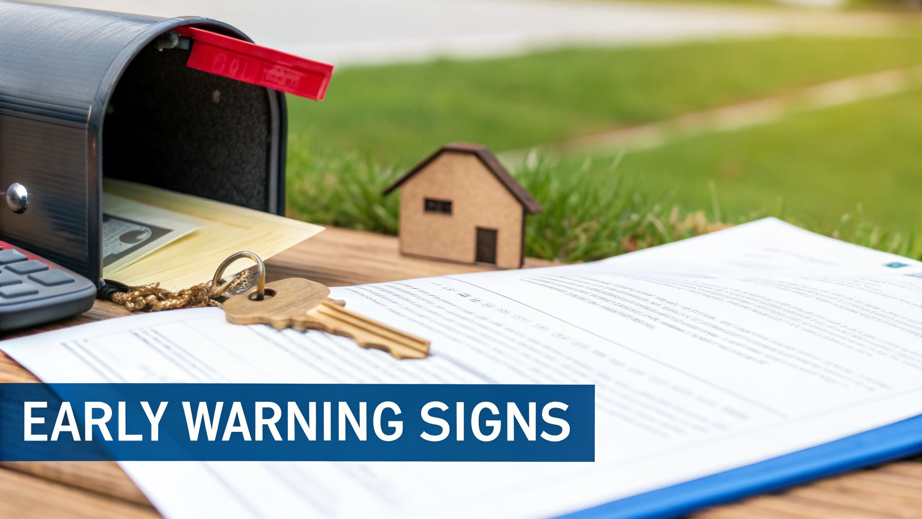 Mailbox with money, house keys, calculator, and a small house model, indicating financial property concerns.