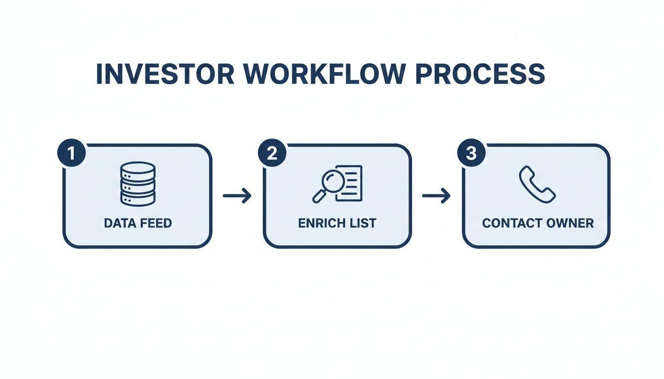 A diagram illustrates the investor workflow process: Data Feed, Enrich List, and Contact Owner.