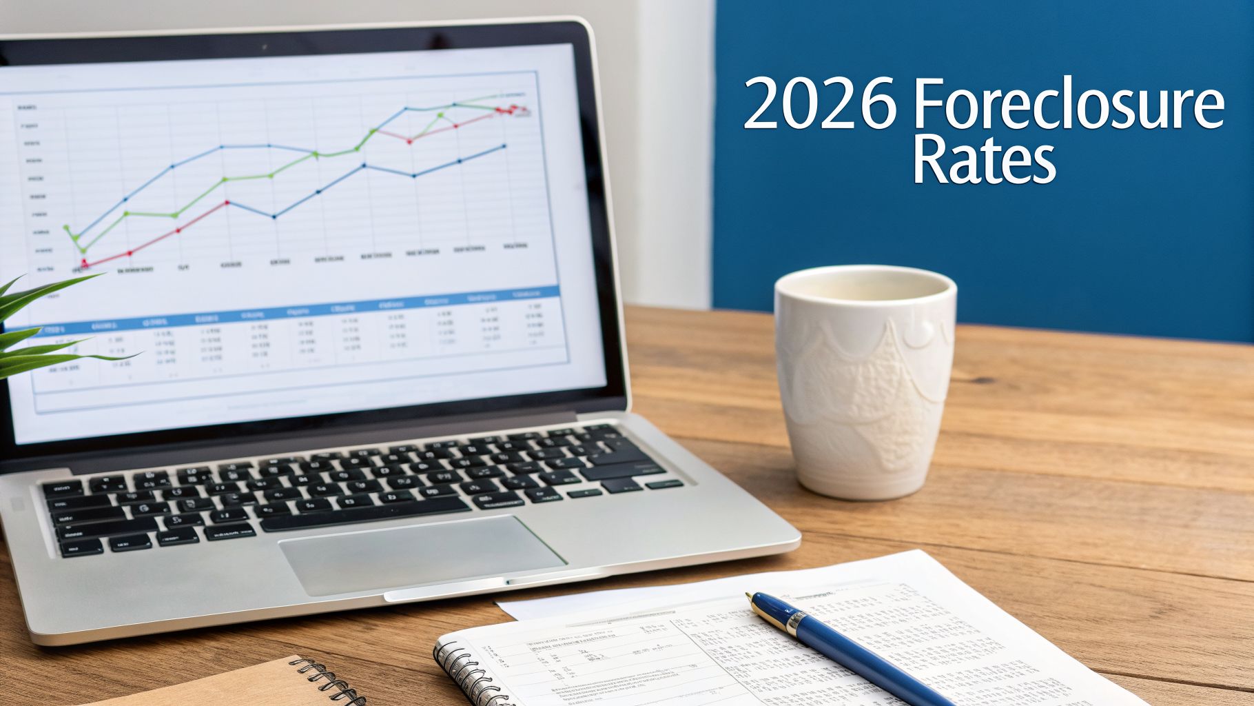 Laptop displaying a financial graph and table, with '2026 Foreclosure Rates' text on a blue background.