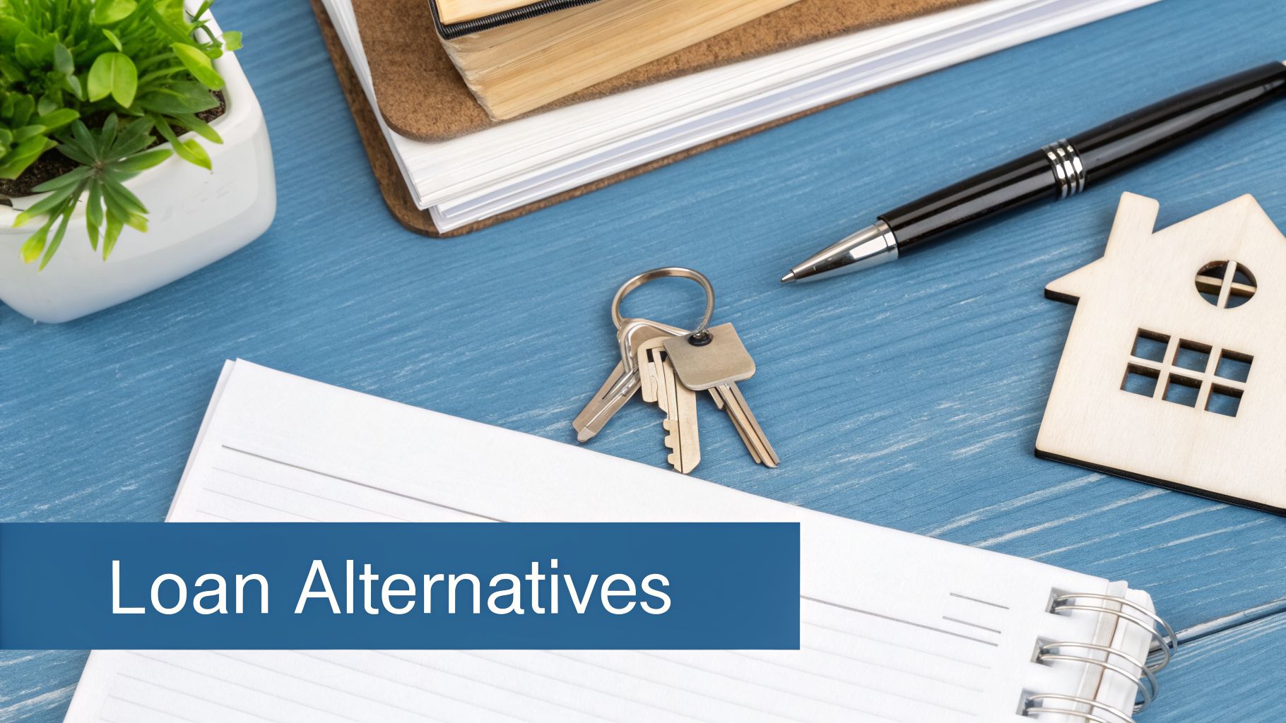 Desk flat lay with house keys, a wooden house model, pen, books, and text 'Loan Alternatives'.