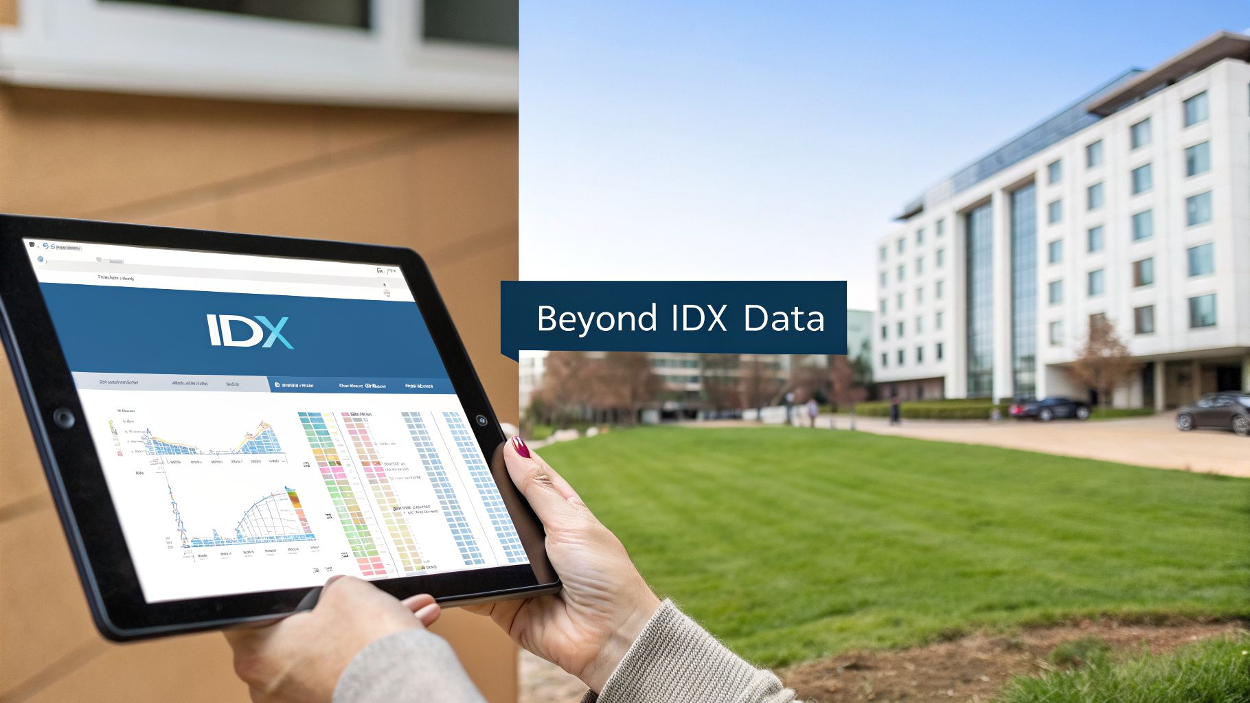 Person holding a tablet displaying IDX data dashboards and charts with a modern office building in the background.