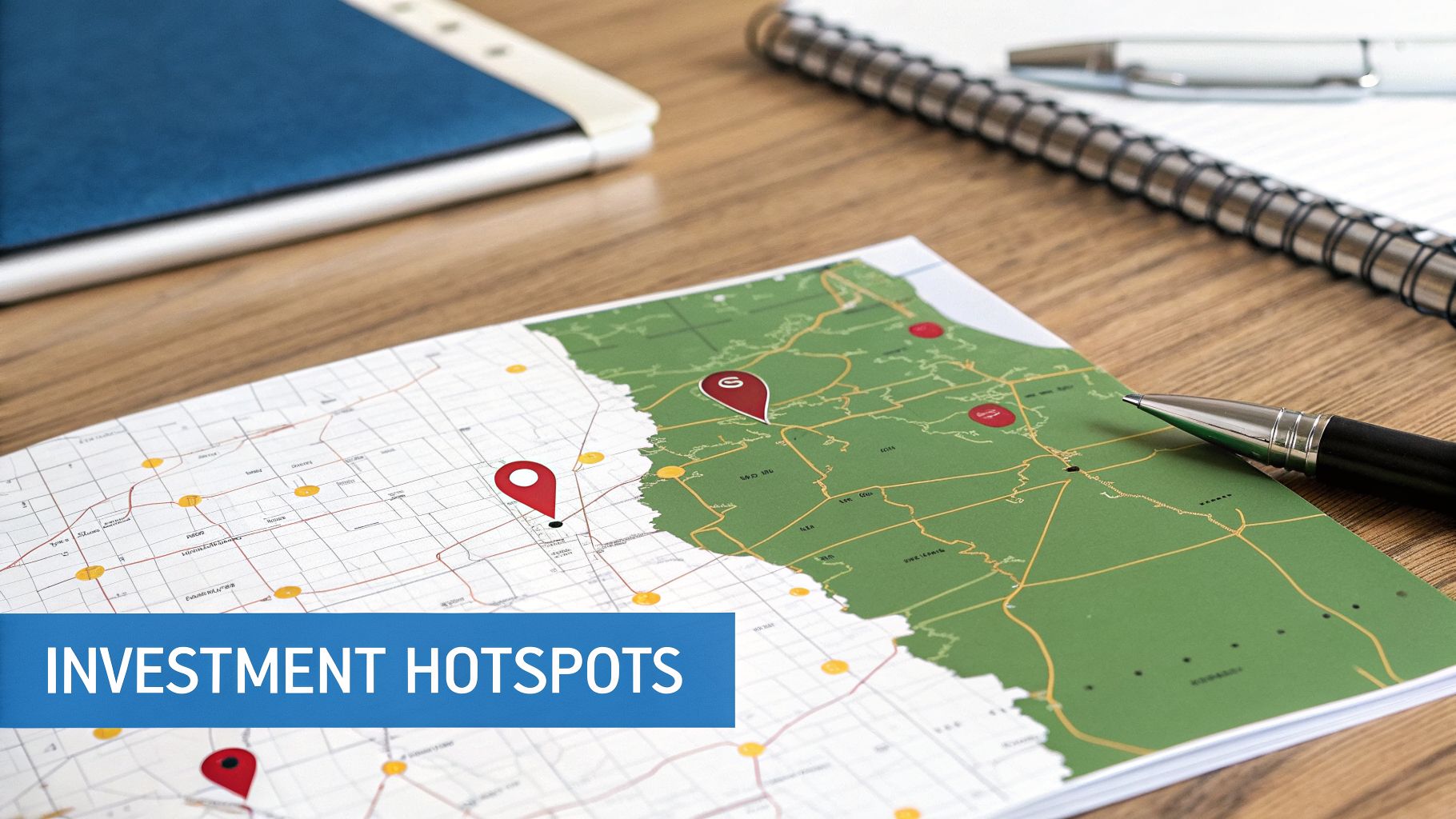 A map with red location pins highlighting investment hotspots, with a pen and notebook on a wooden desk.