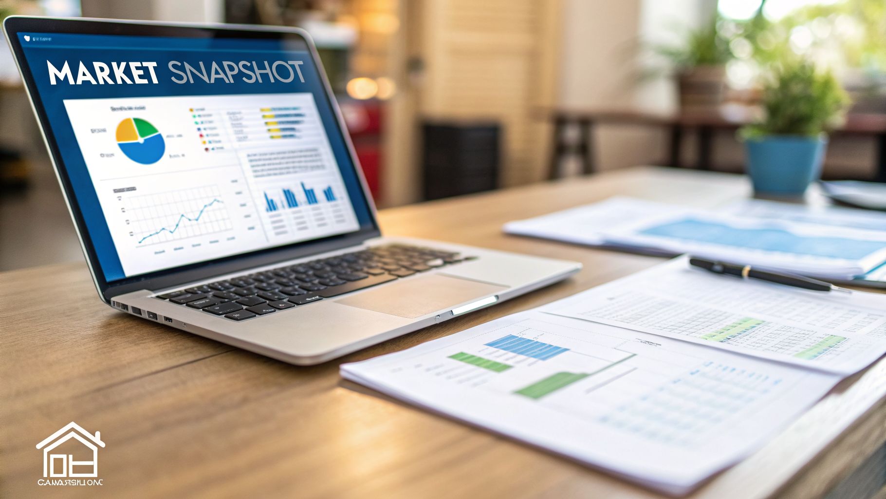 Laptop displaying a market snapshot with charts and graphs, alongside physical documents on a wooden desk.