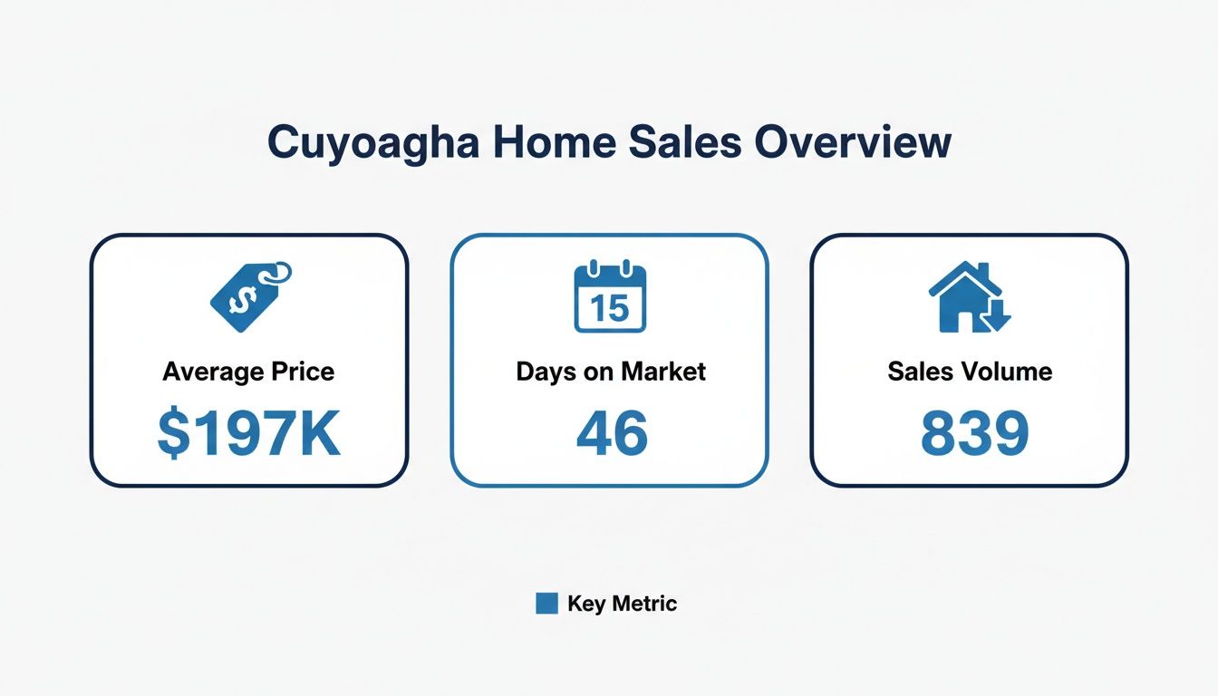 Cuyahoga home sales overview with average price of $197K, 46 days on market, and 839 sales volume.