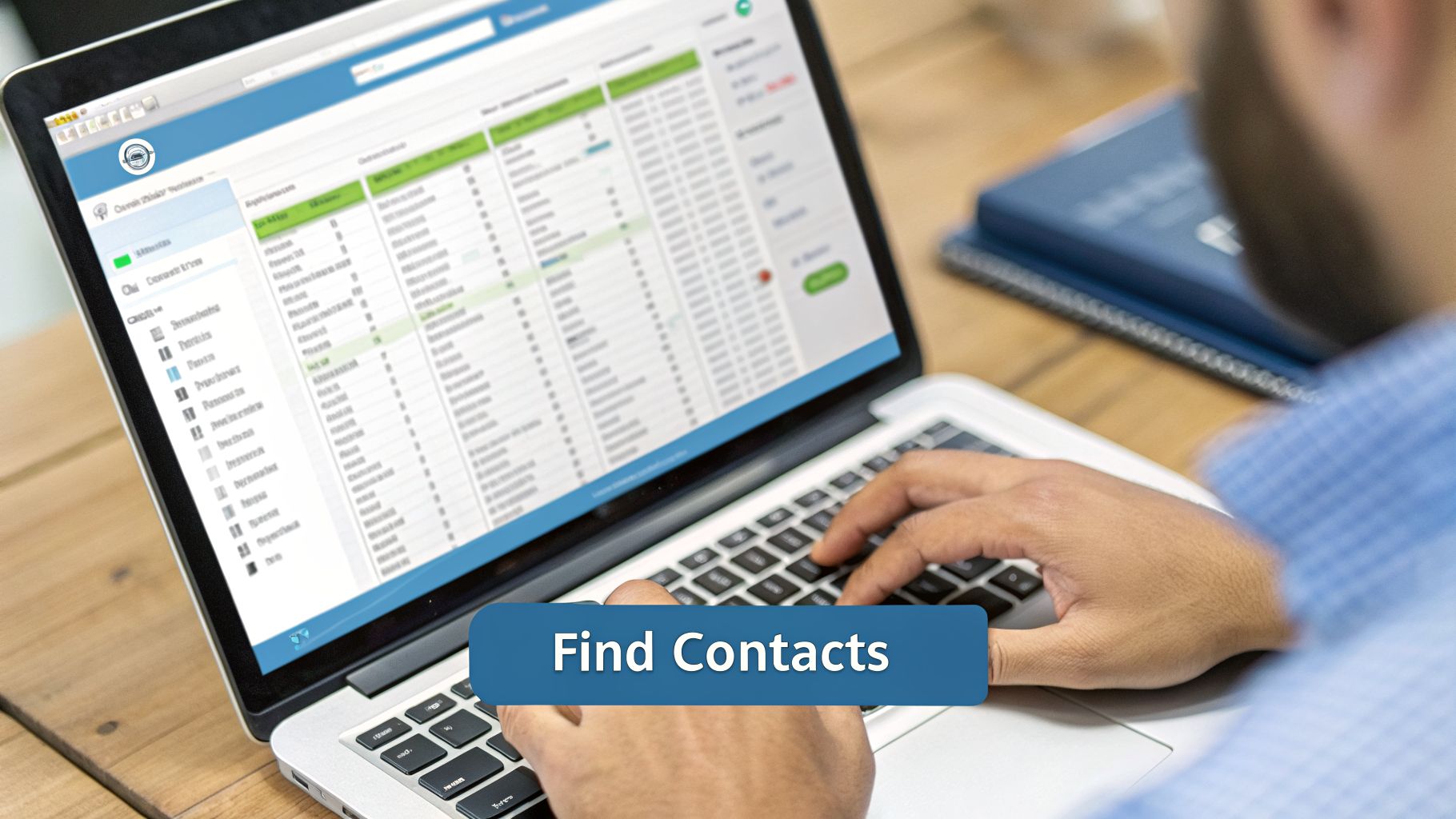 A person is typing on a laptop displaying a contact list and a 'Find Contacts' button.