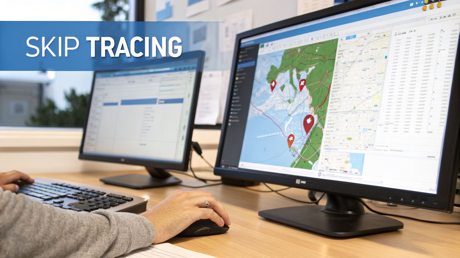 A professional performing skip tracing on dual monitors, analyzing location data and spreadsheets.