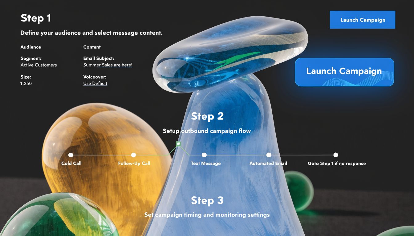 A marketing software interface displaying a three-step campaign configuration process for lead generation and outreach automation.