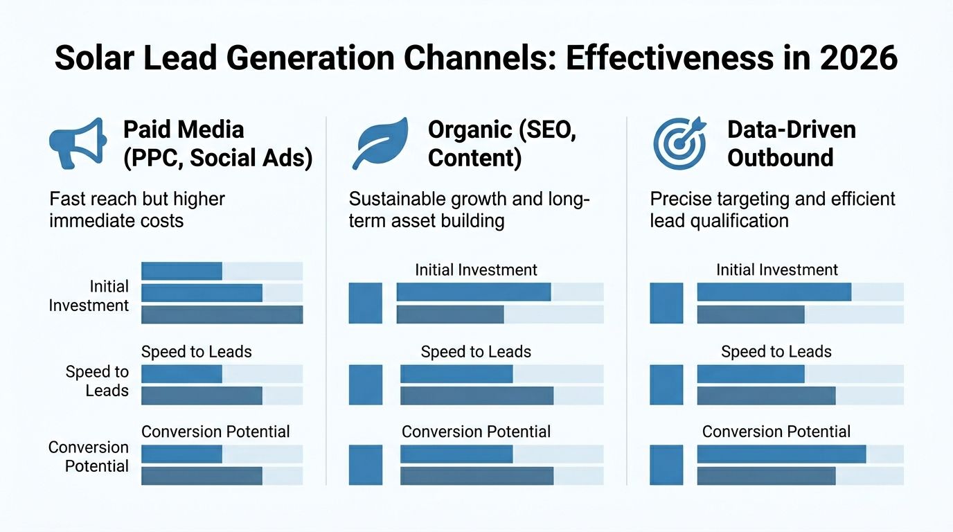 A chart comparing the effectiveness of Paid Media, Organic Content, and Data-Driven Outbound for solar lead generation.