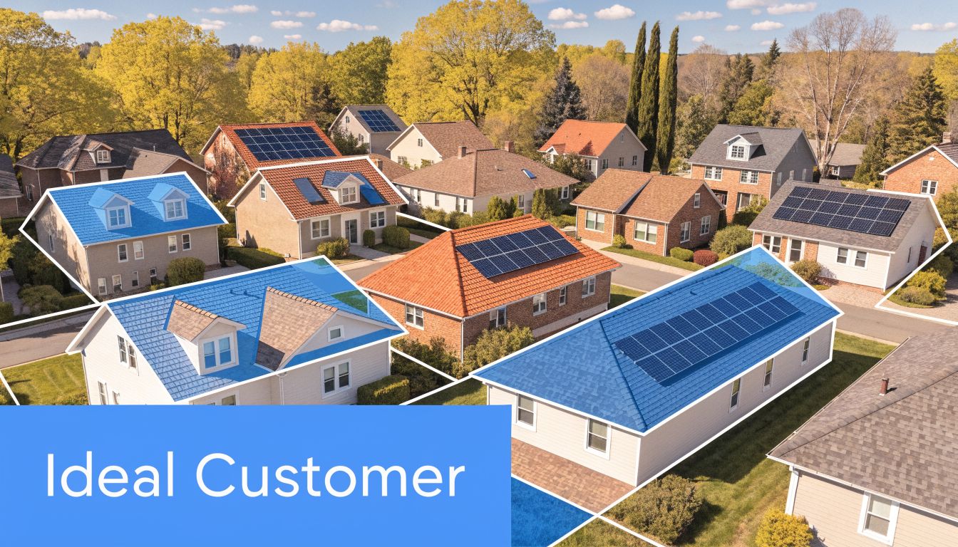 A neighborhood scene highlighting homes with solar panels, representing the ideal customer for solar energy services.