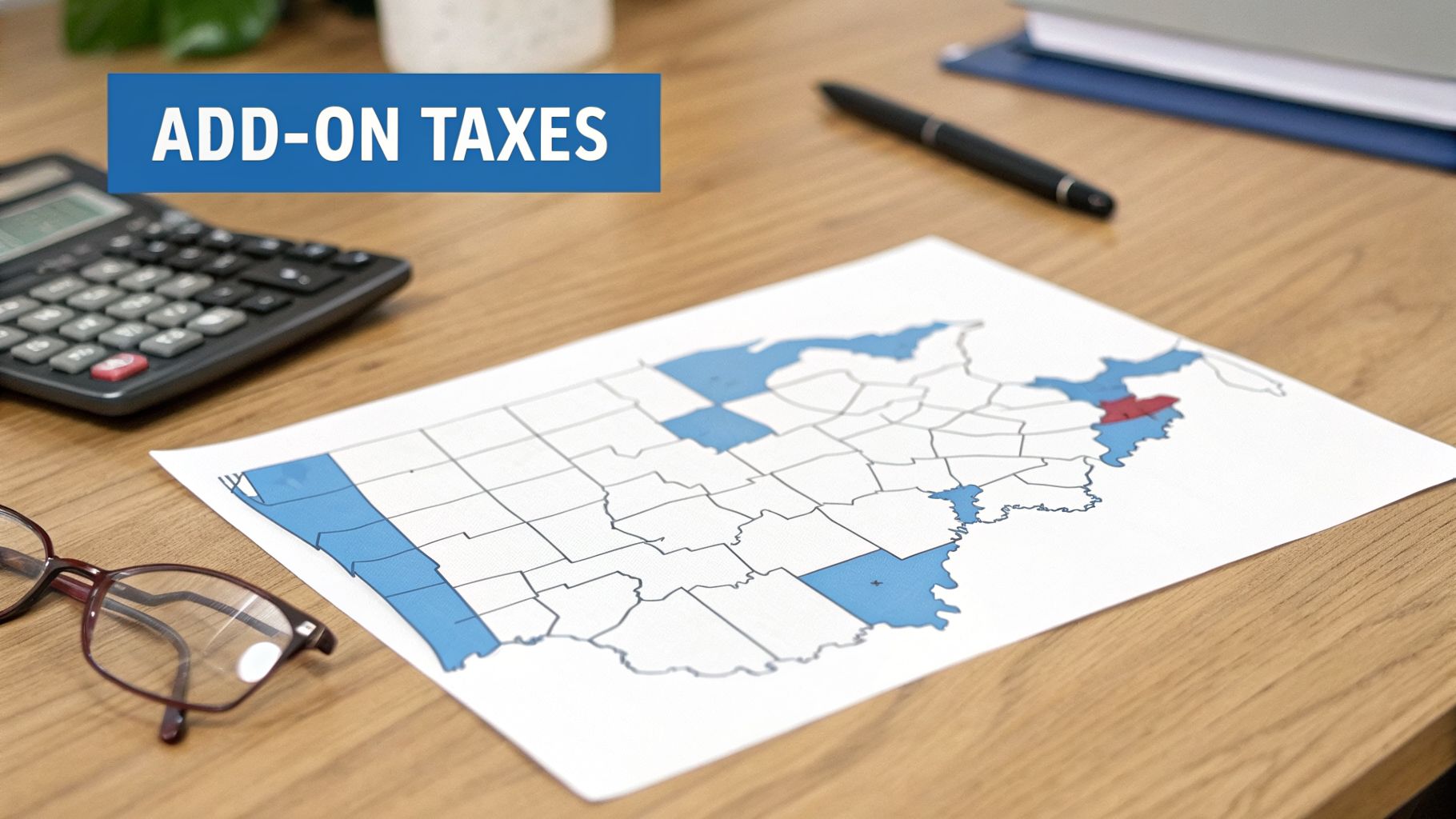 A desk with a calculator, glasses, and a US map showing states with add-on taxes.