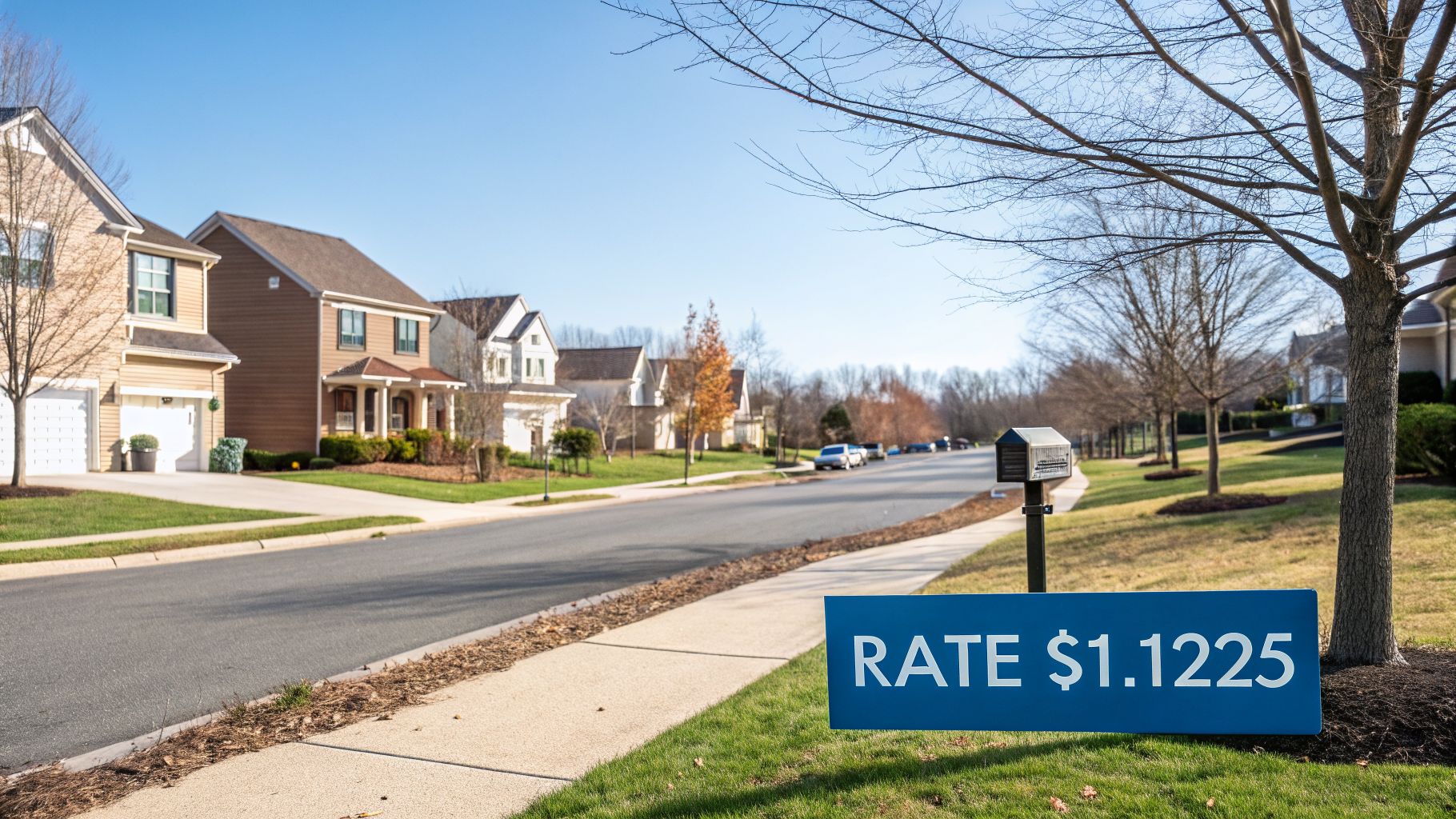 A blue sign on green grass displaying 'RATE $1.1225' in a suburban neighborhood street.