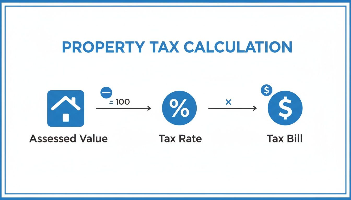 Flowchart illustrating property tax calculation: Assessed Value divided by 100, then multiplied by Tax Rate equals Tax Bill.