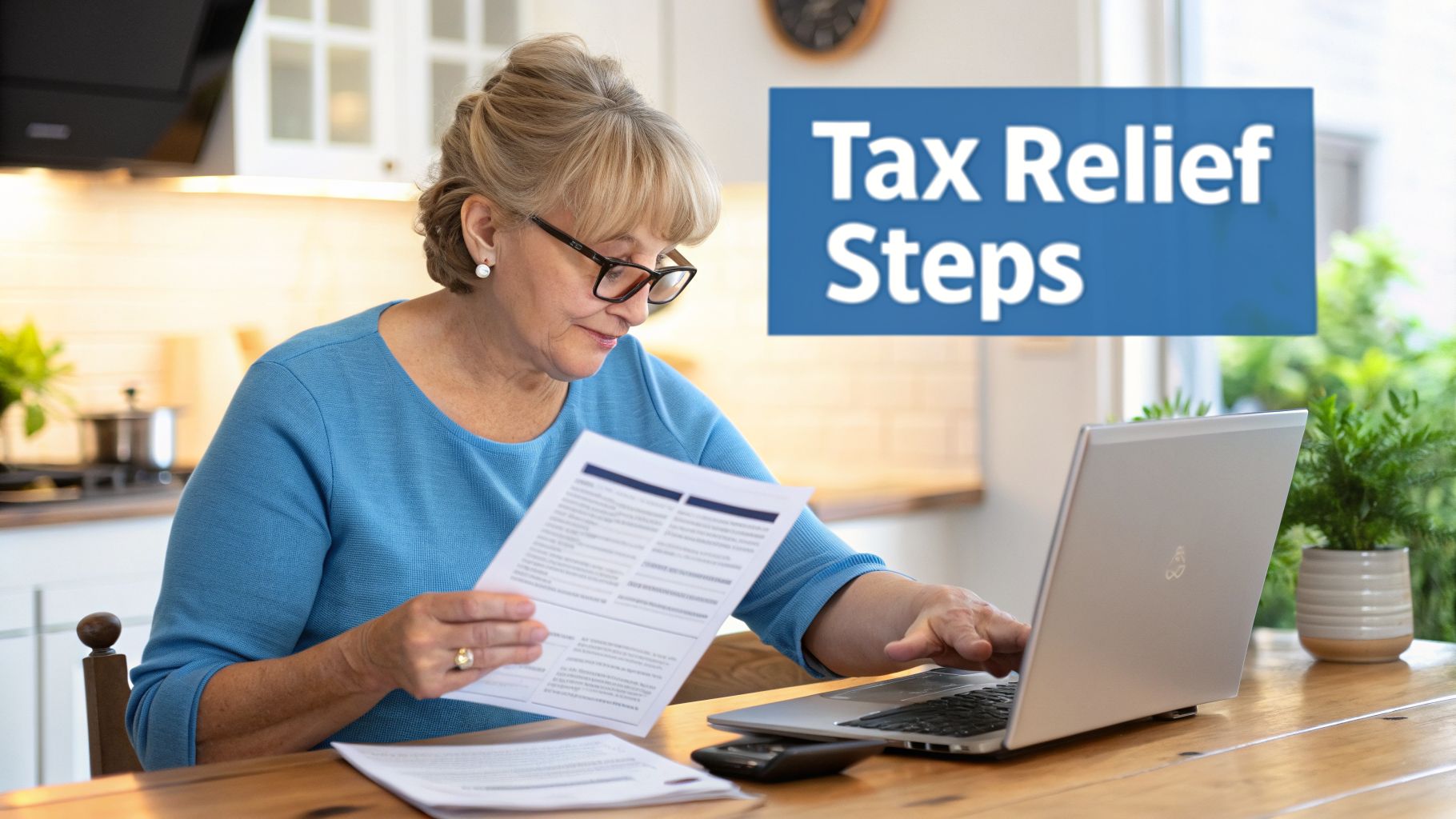 An older woman reviews tax documents on a laptop, with 'Tax Relief Steps' text overlay.