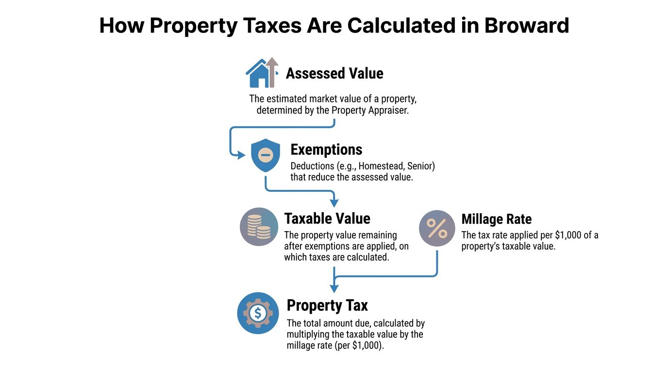 A flowchart explaining the process of how property taxes are calculated in Broward County, Florida.