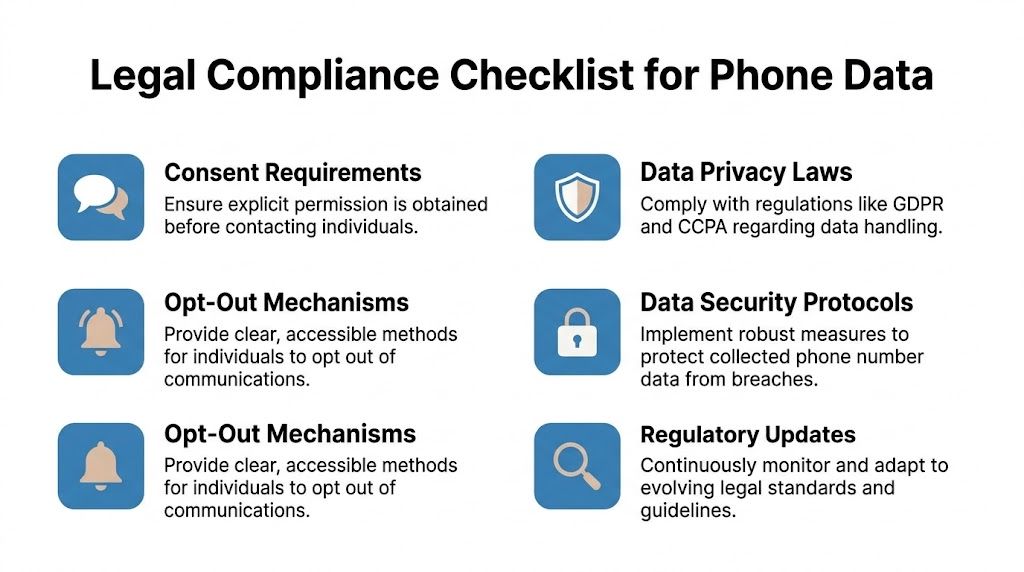 A legal compliance checklist for phone data outlining requirements for consent, privacy laws, and security protocols.